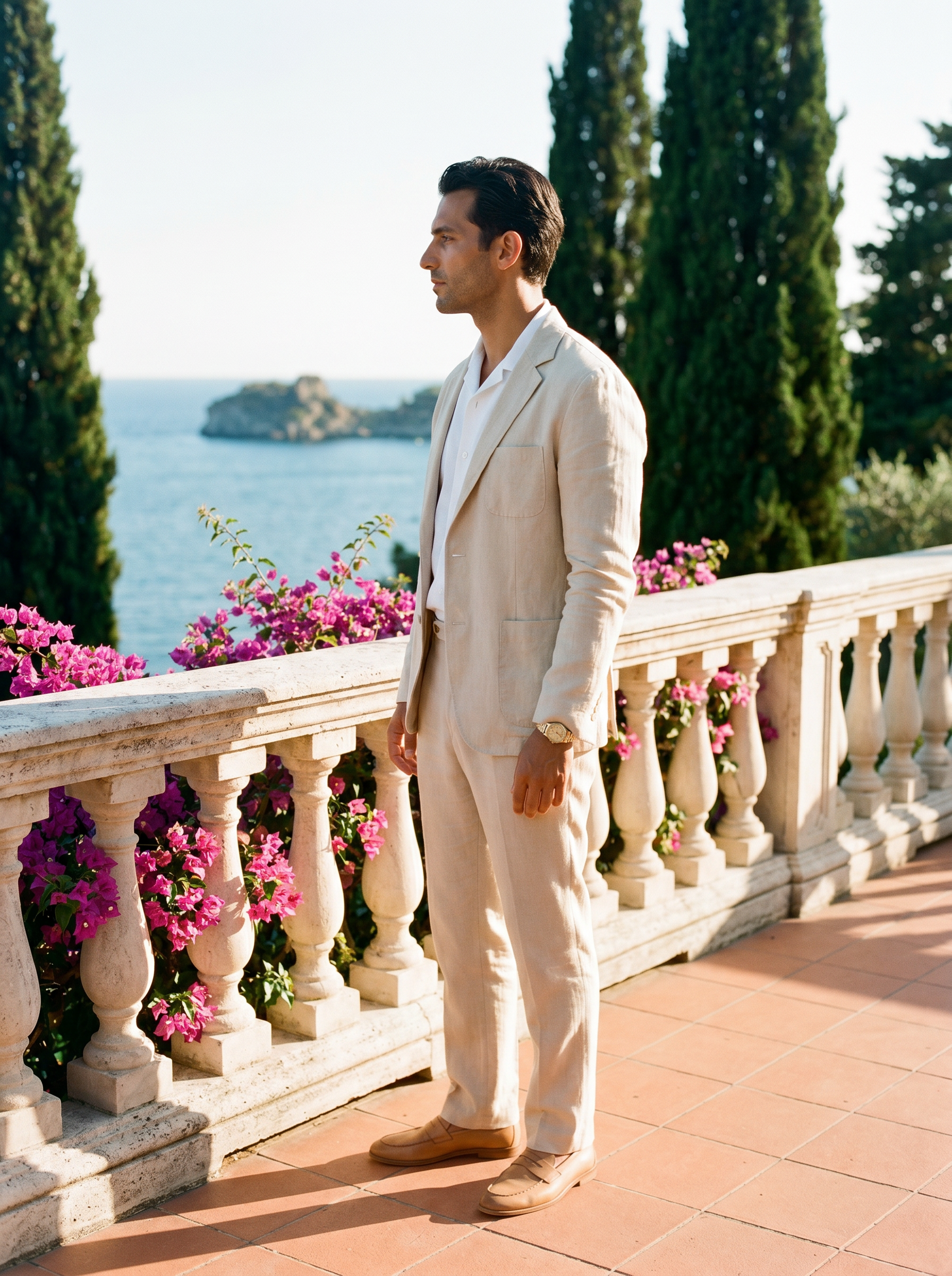 Mens beige linen cotton blazer and linen trousers side profile on Lake Como balcony Aveloire