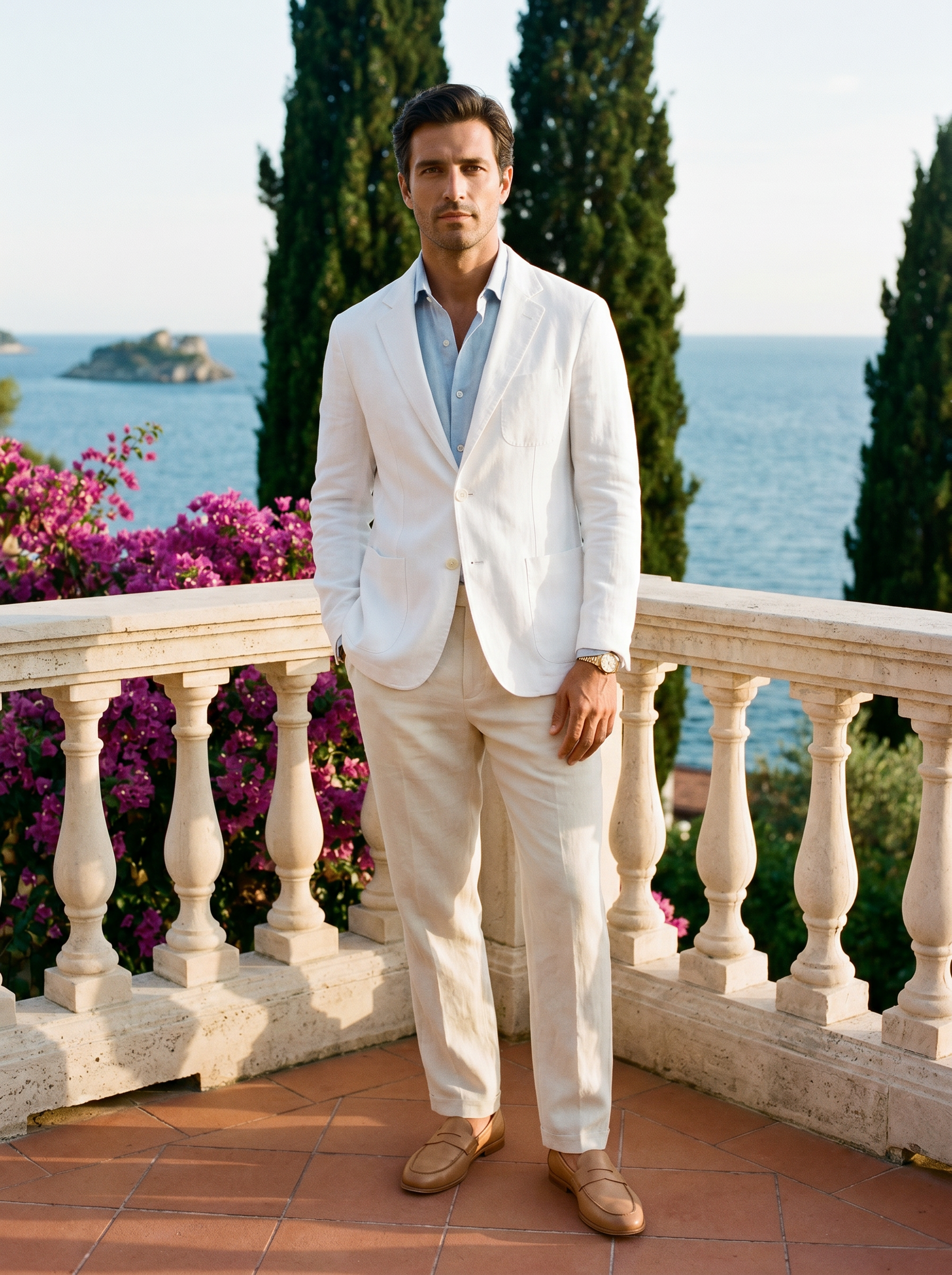 Mens crisp white linen cotton blazer with pale blue shirt and cream linen trousers on Lake Como villa terrace Aveloire