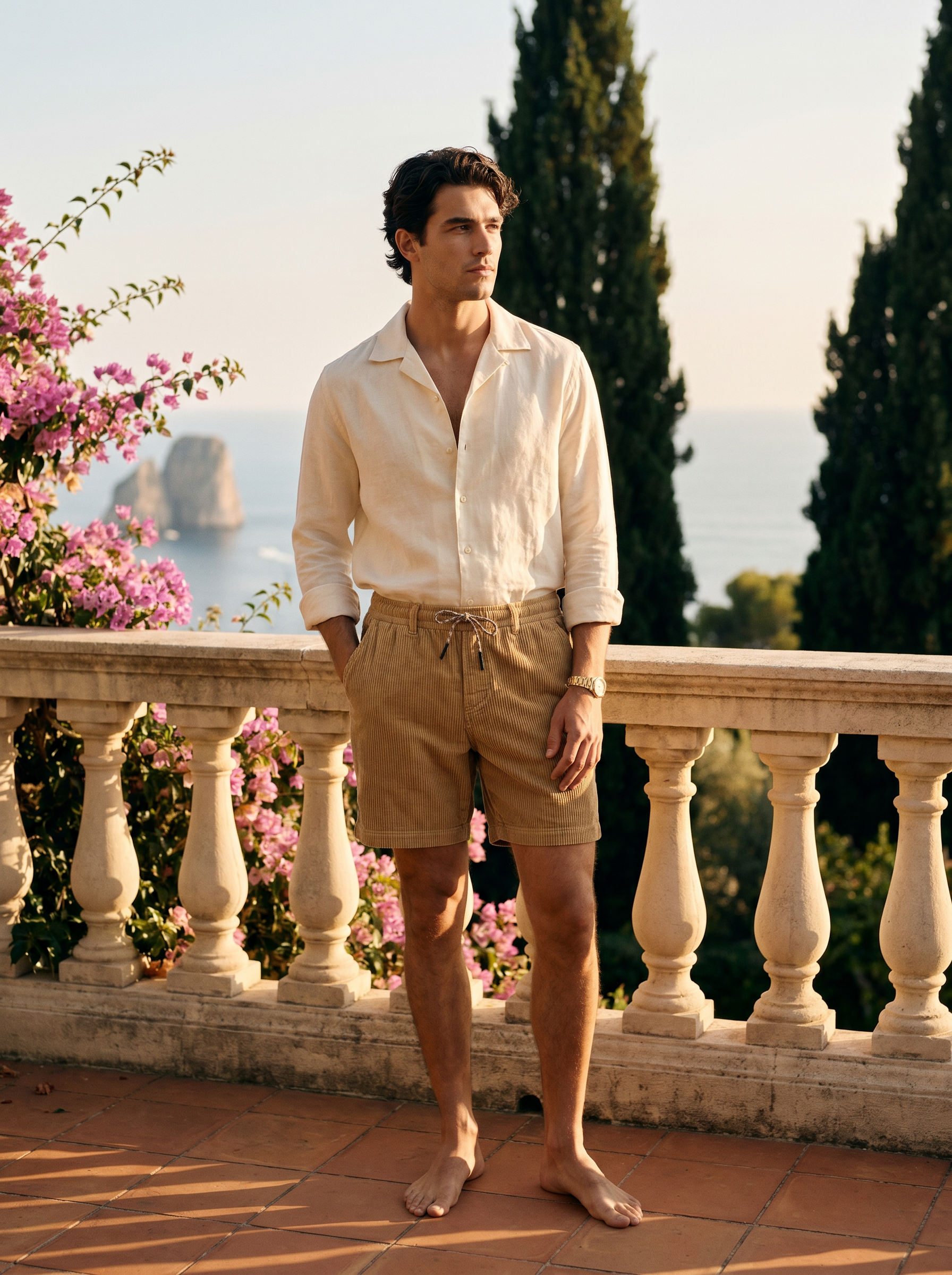Vitto by Aveloire — Men's khaki corduroy shorts, full-body lifestyle on coastal terrace