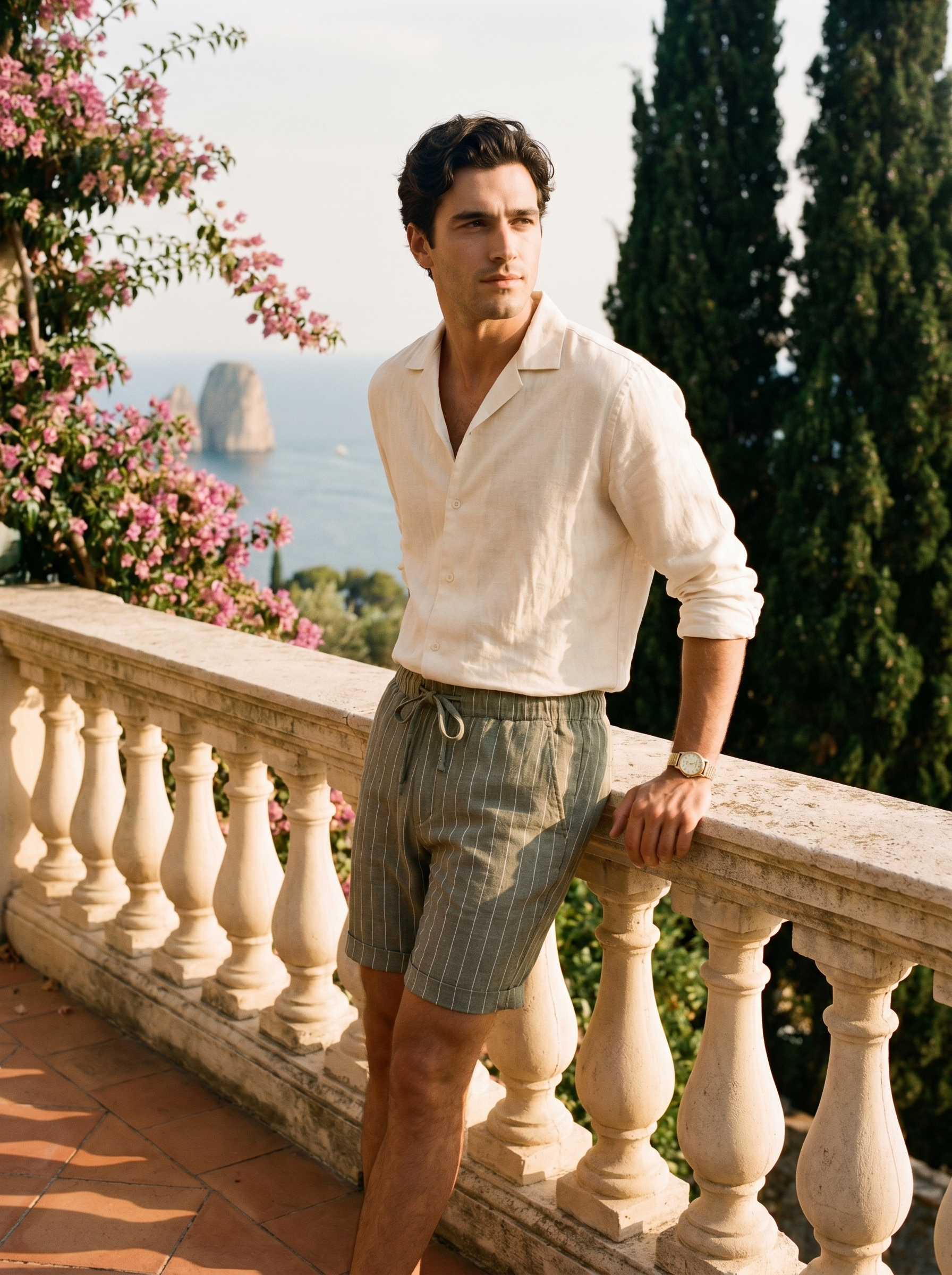 Amber by Aveloire — Men's olive green pinstripe linen shorts, hero portrait on Italian Riviera terrace