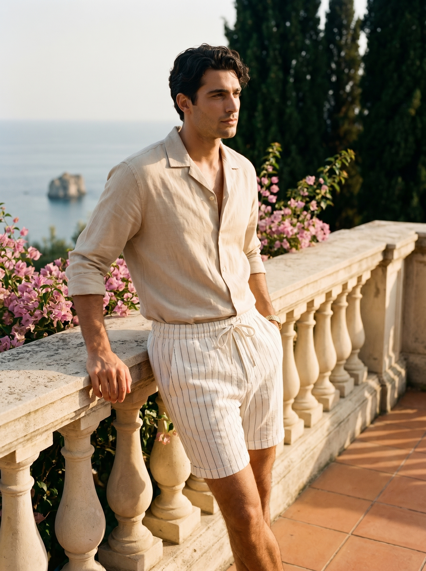 Amber by Aveloire — Men's white pinstripe linen shorts, hero portrait on Italian Riviera terrace