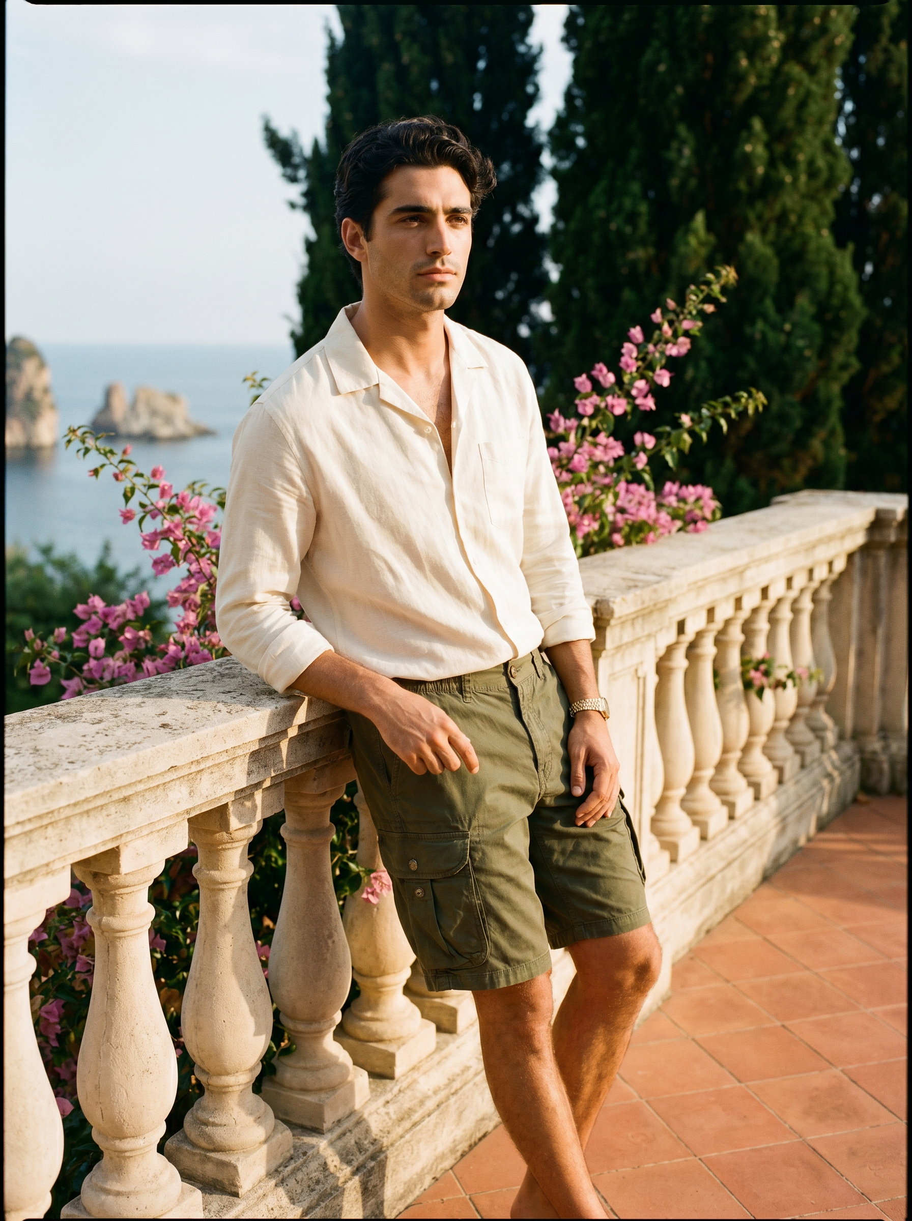 Sonett by Aveloire — Men's army green cotton twill cargo shorts, hero portrait on Italian Riviera terrace