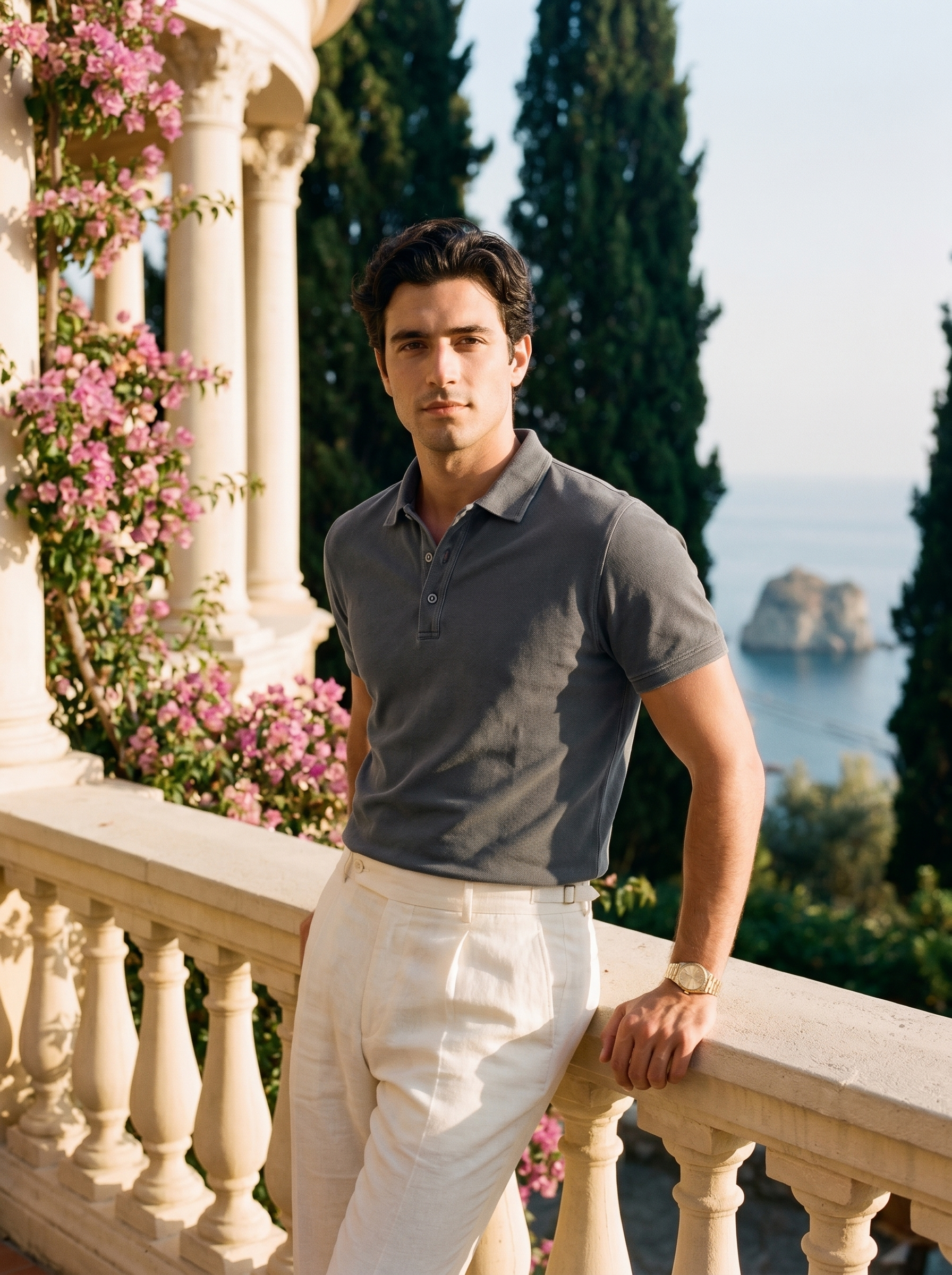 Henri by Aveloire — Men's textured weave polo shirt in dark grey, hero portrait, Italian Riviera editorial