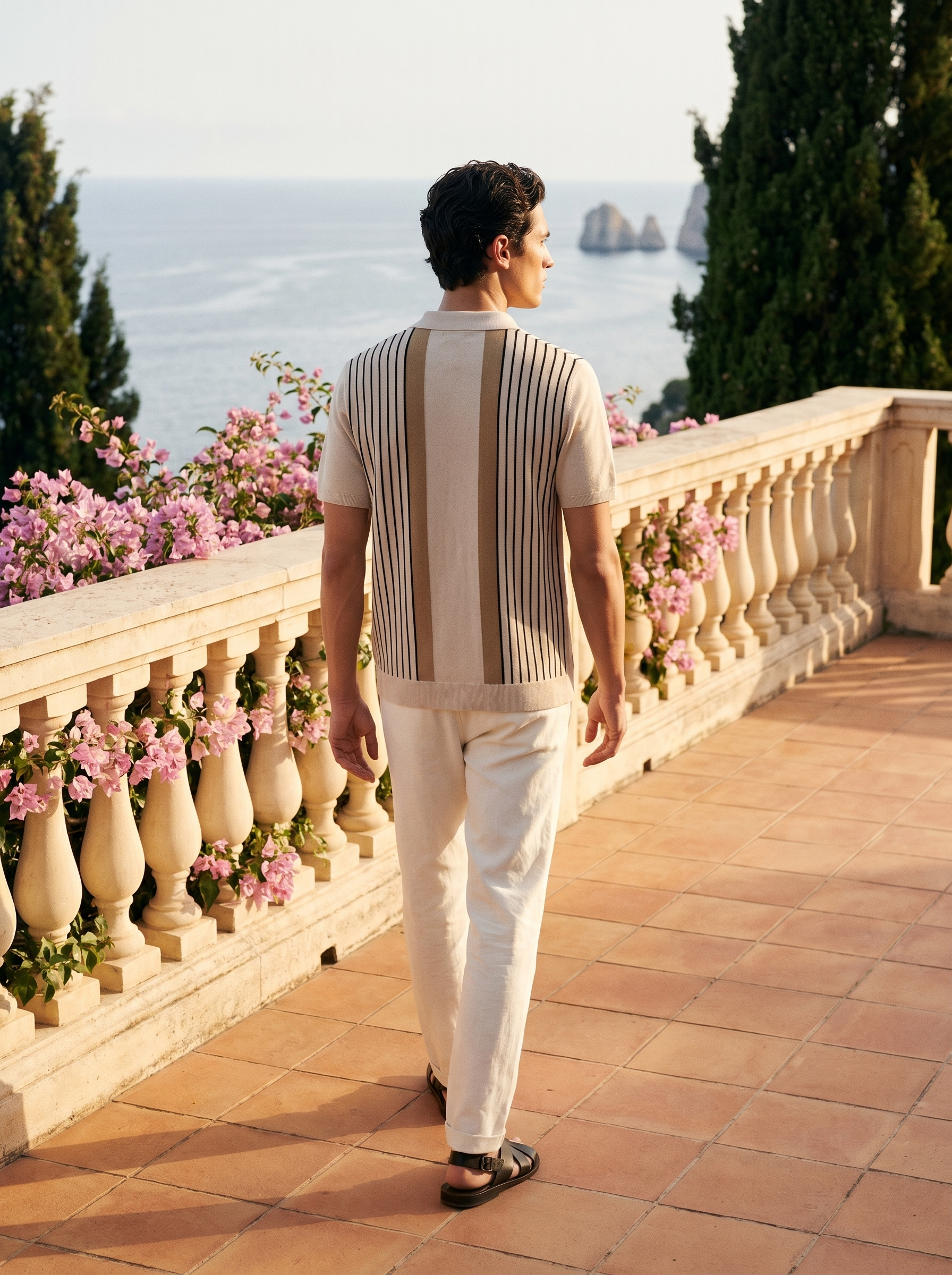 Lucien striped full-button knit polo in beige - back view