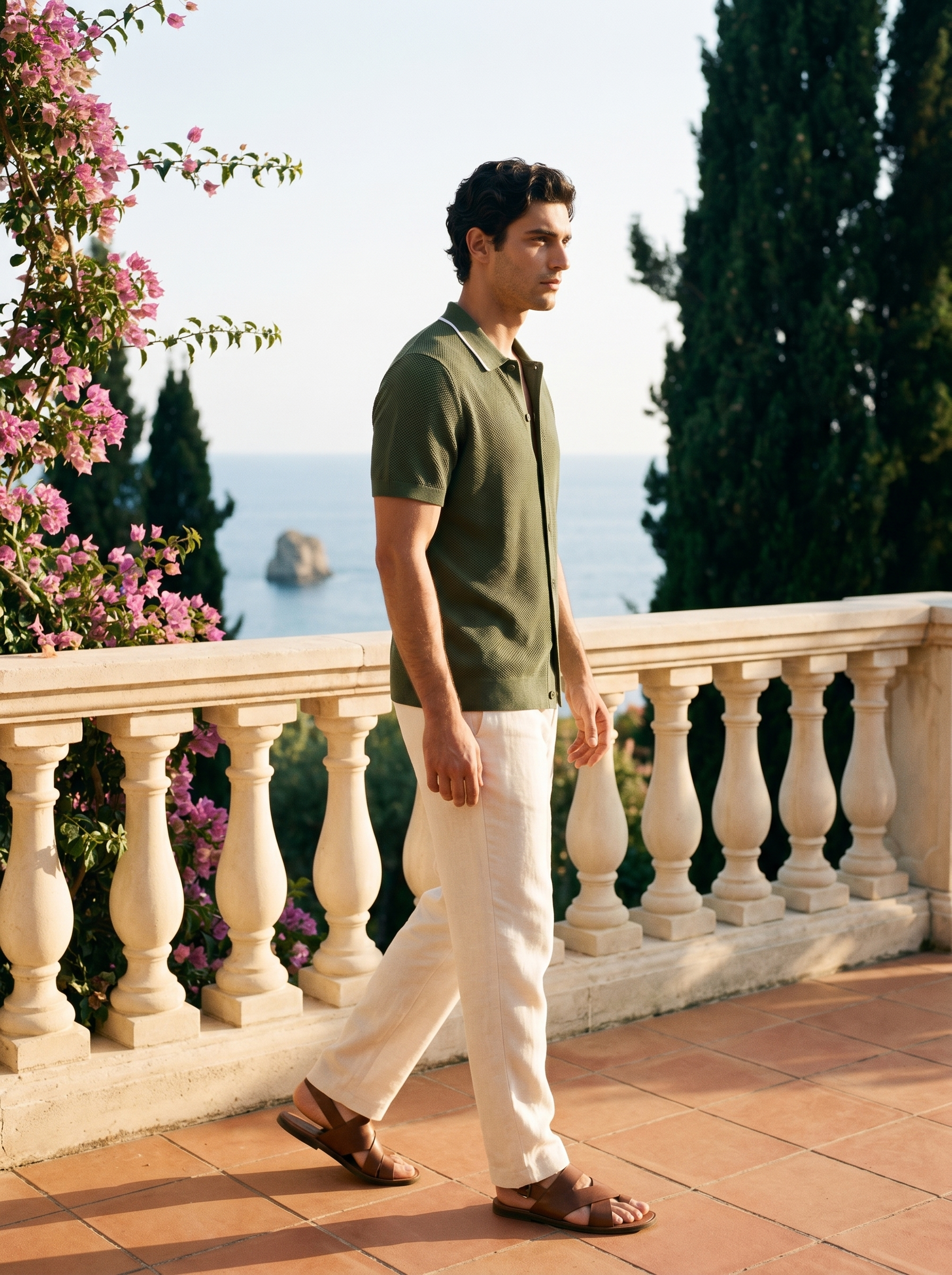 Florian textured knit full-button polo in military green - side profile
