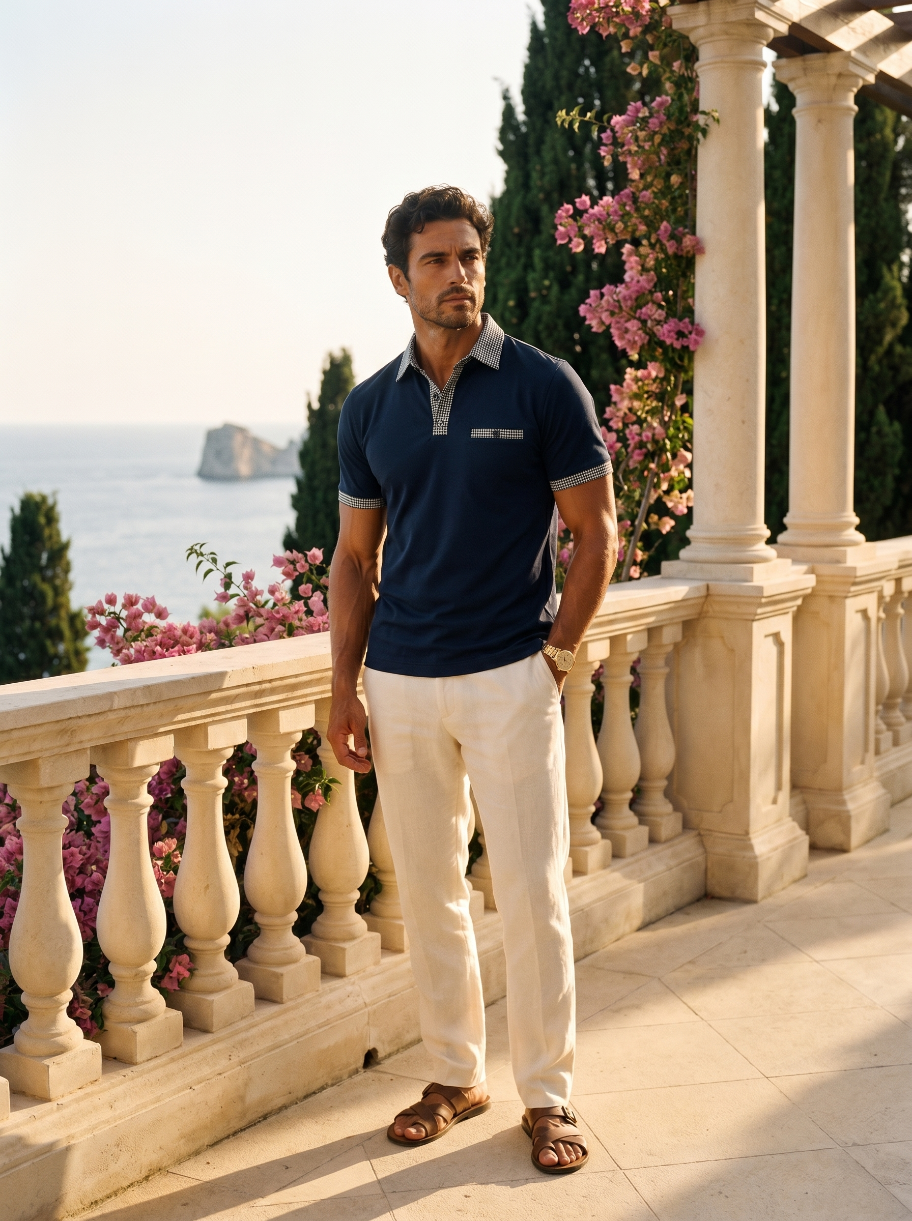 Aveloire Auguste Contrast-Trim Polo in Midnight Navy — full body terrace