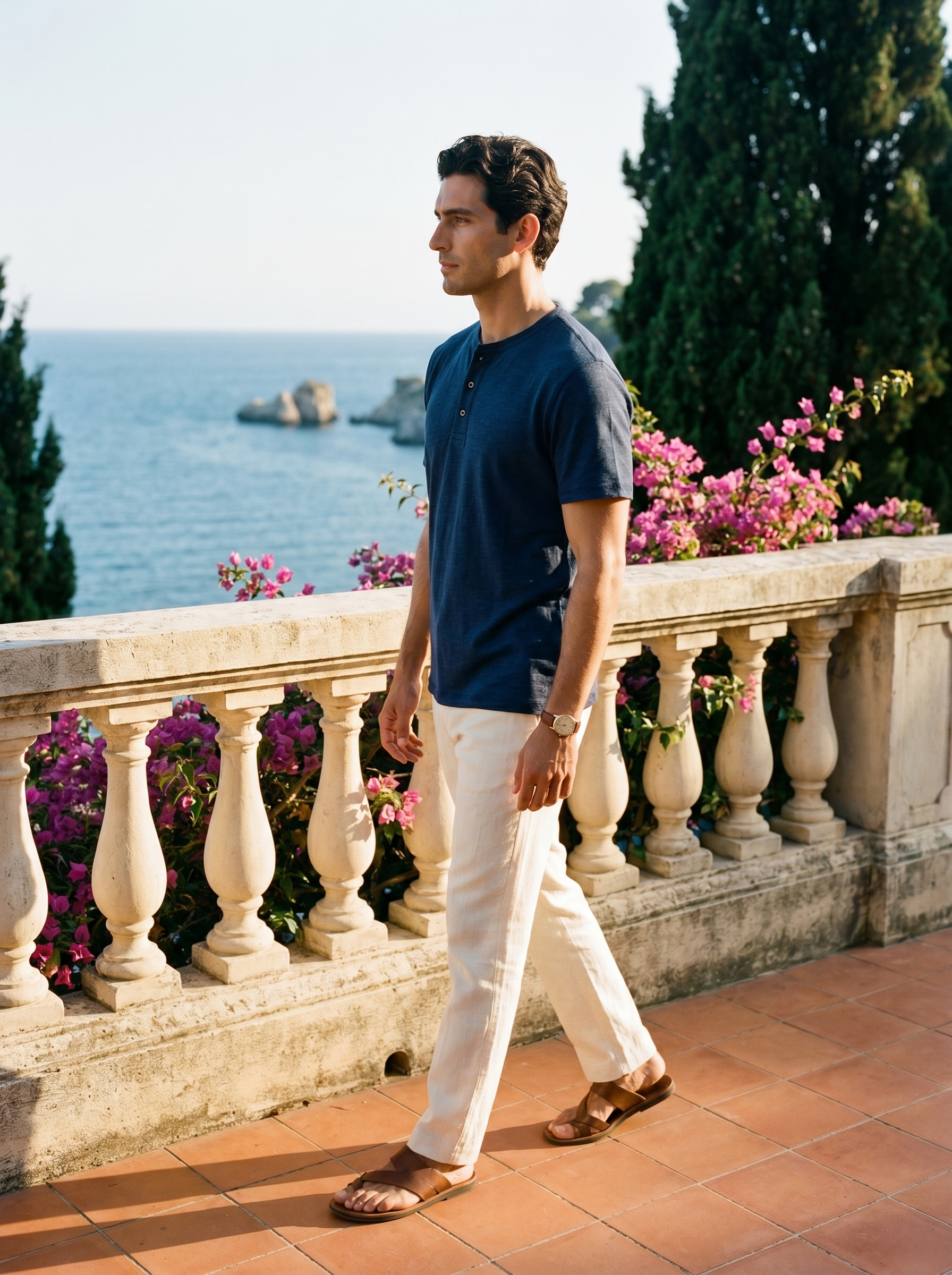 Aveloire Léopold Slub Cotton Henley in Midnight Navy — side profile