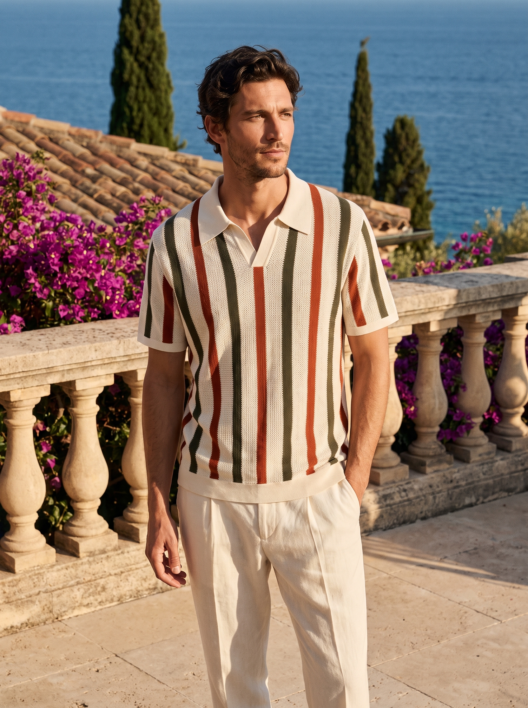 Full-length shot of a man in a cream striped knit johnny-collar polo at Lake Como — Aveloire