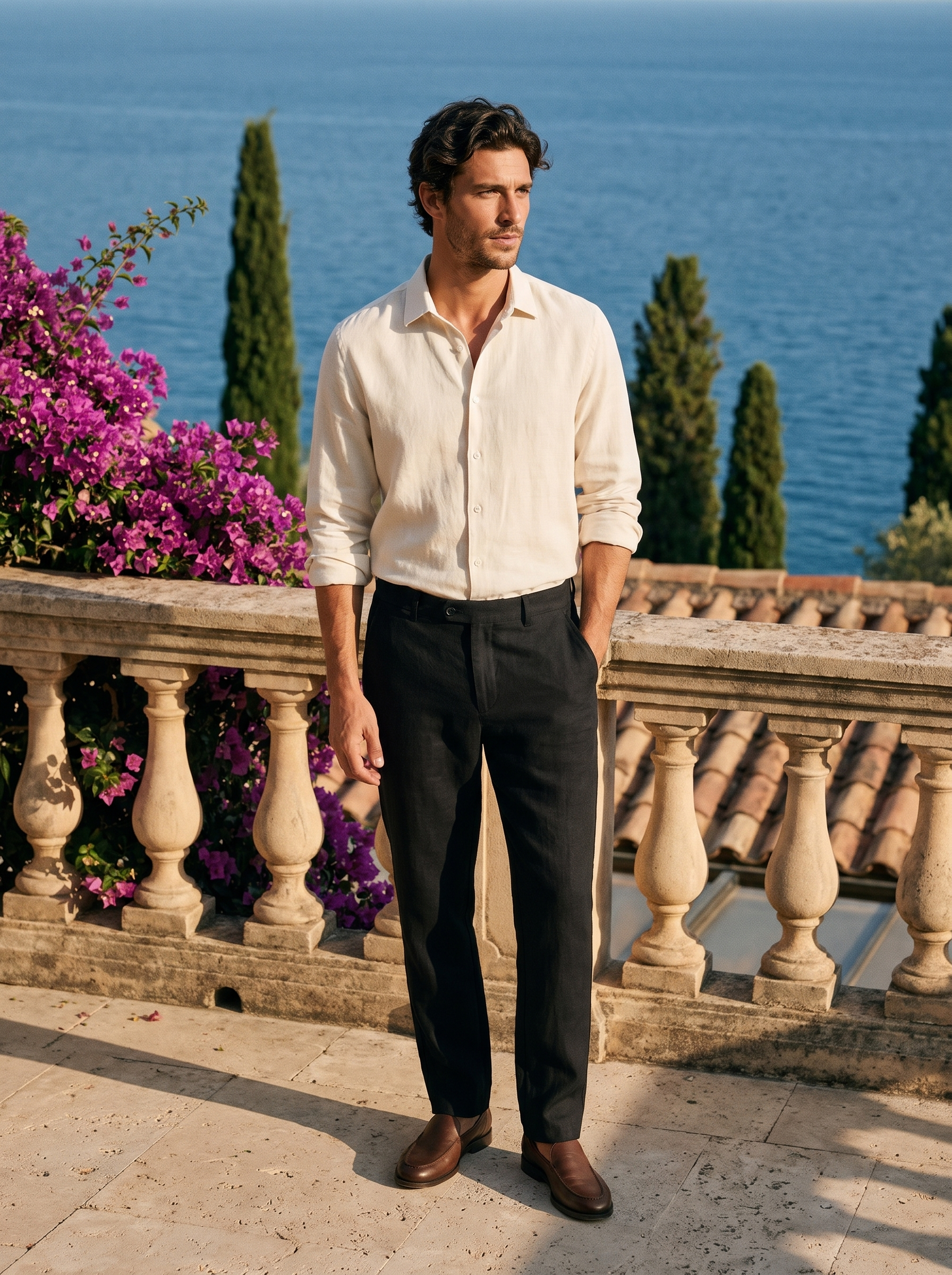 Man wearing black tailored linen trousers on a terrace overlooking Lake Como, old money summer style — Aveloire