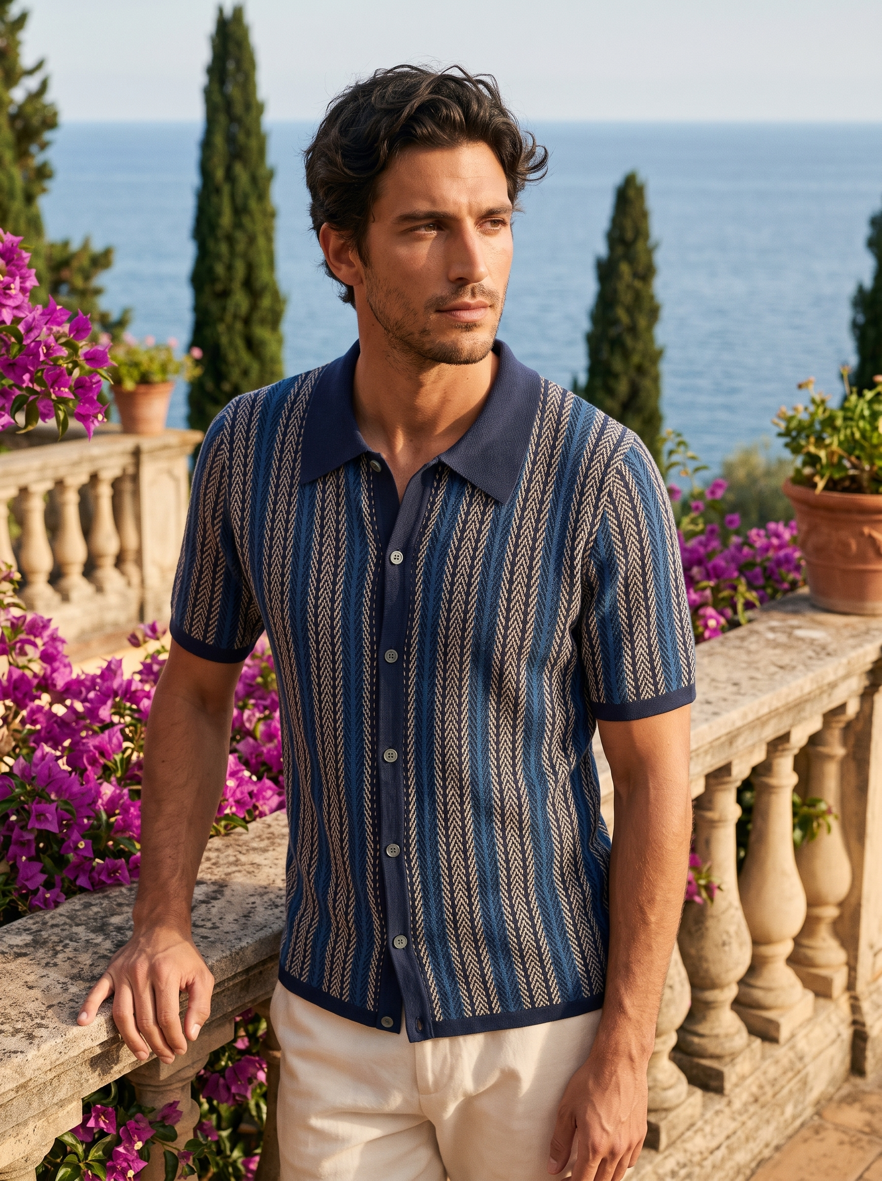 Man wearing a navy striped knit button polo on a balcony overlooking Lake Como, old money style — Aveloire