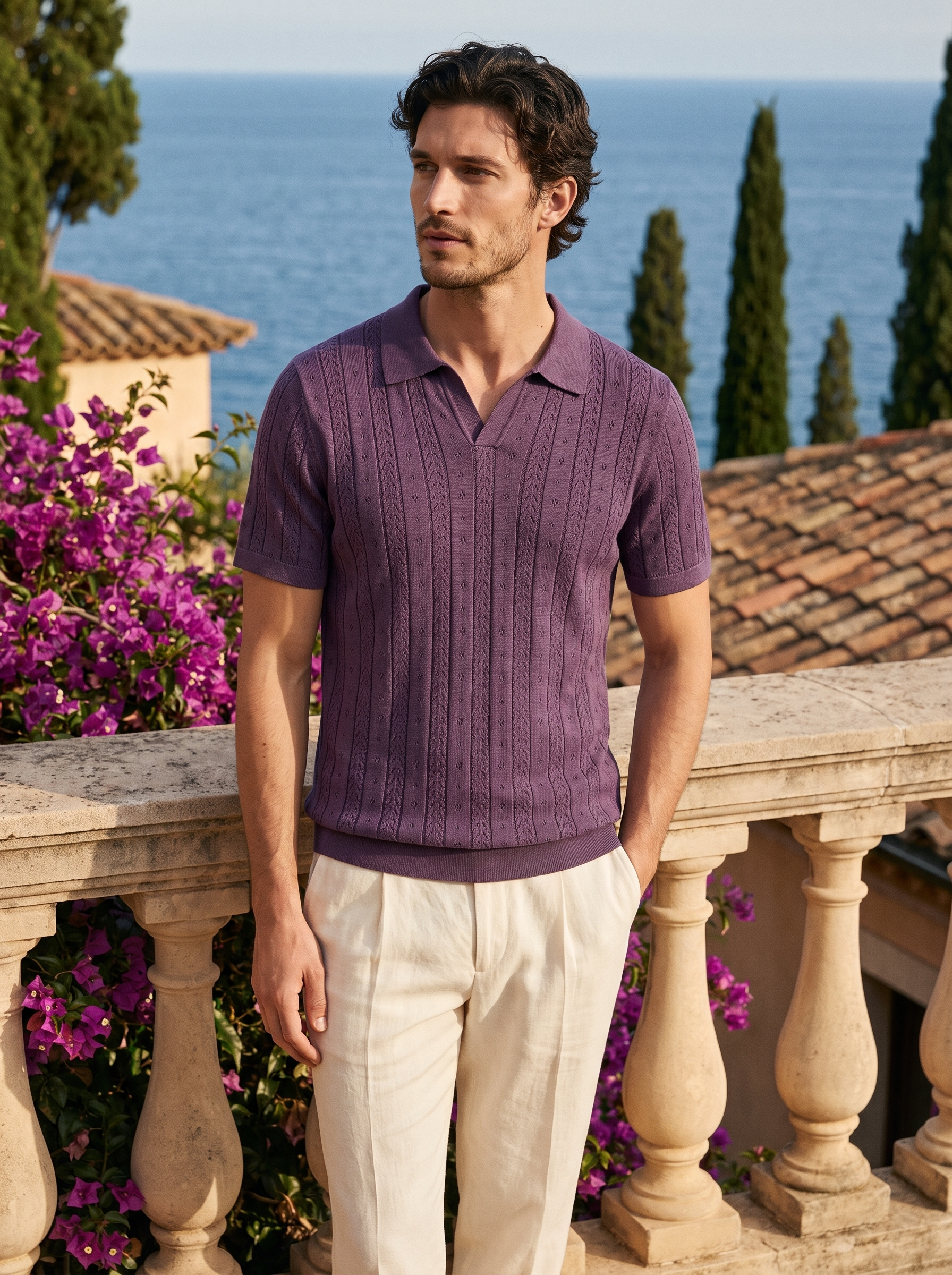 Full-length shot of a man in a purple textured knit polo at Lake Como — Aveloire
