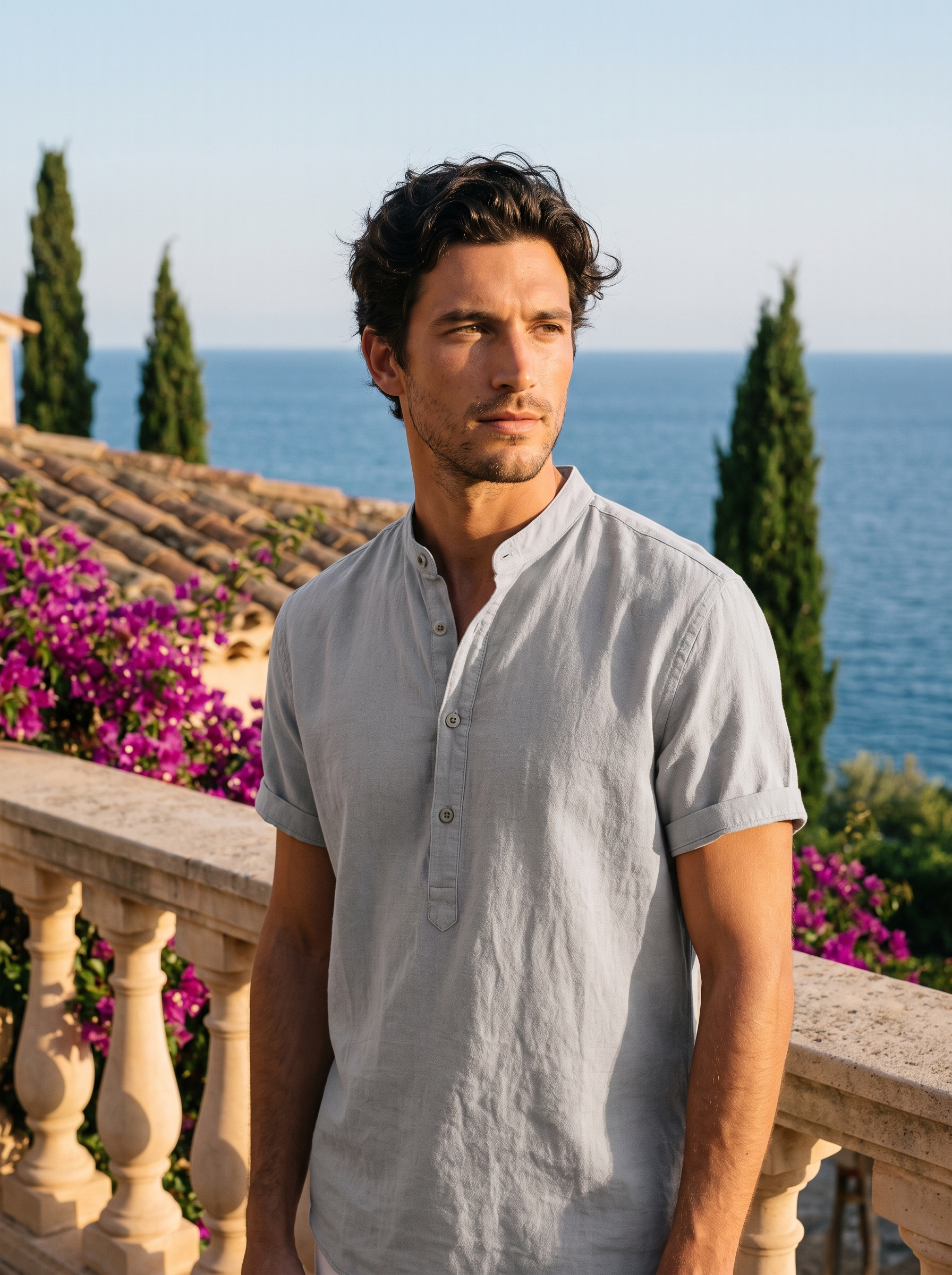 Man wearing a grey band-collar linen shirt on a balcony overlooking Lake Como, old money style — Aveloire