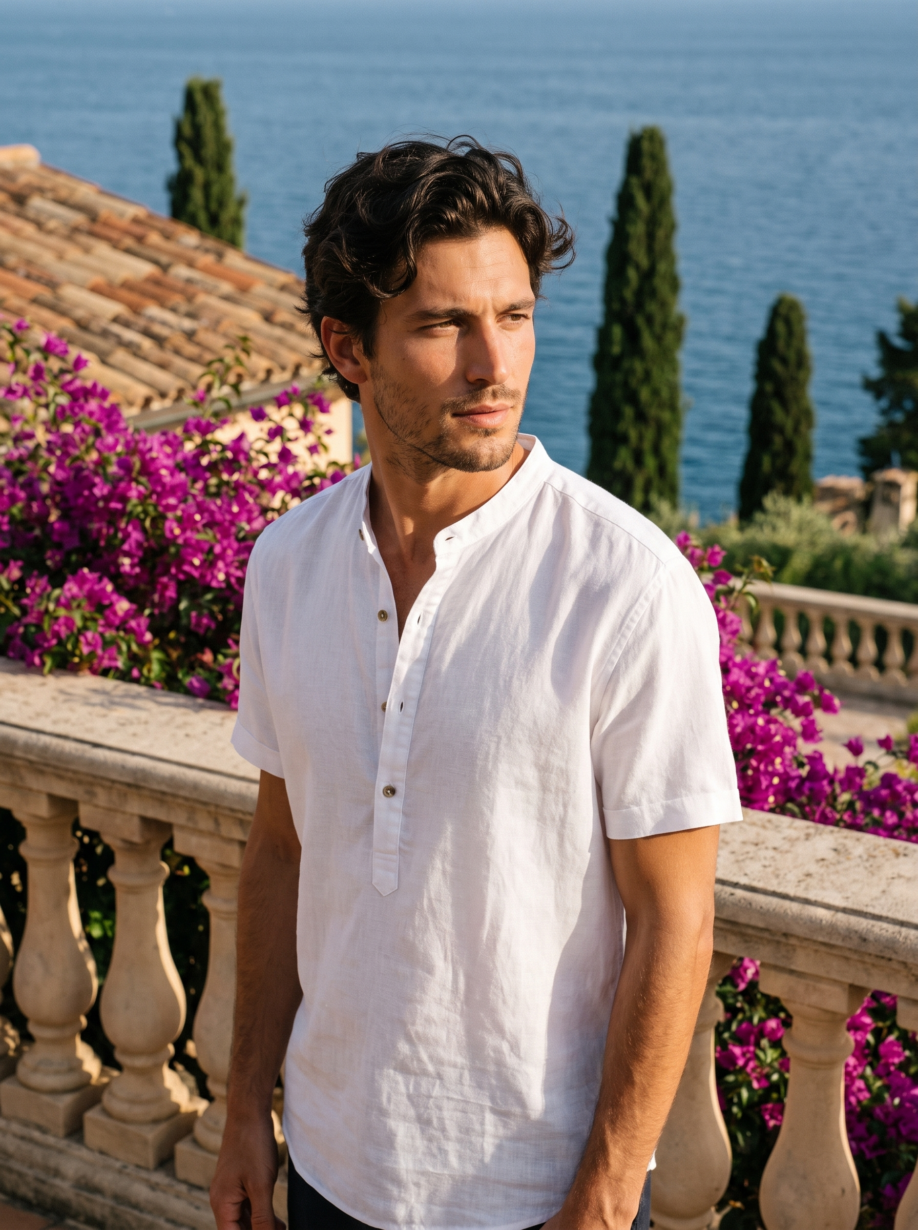 Man wearing a white band-collar linen shirt on a balcony overlooking Lake Como, old money style — Aveloire