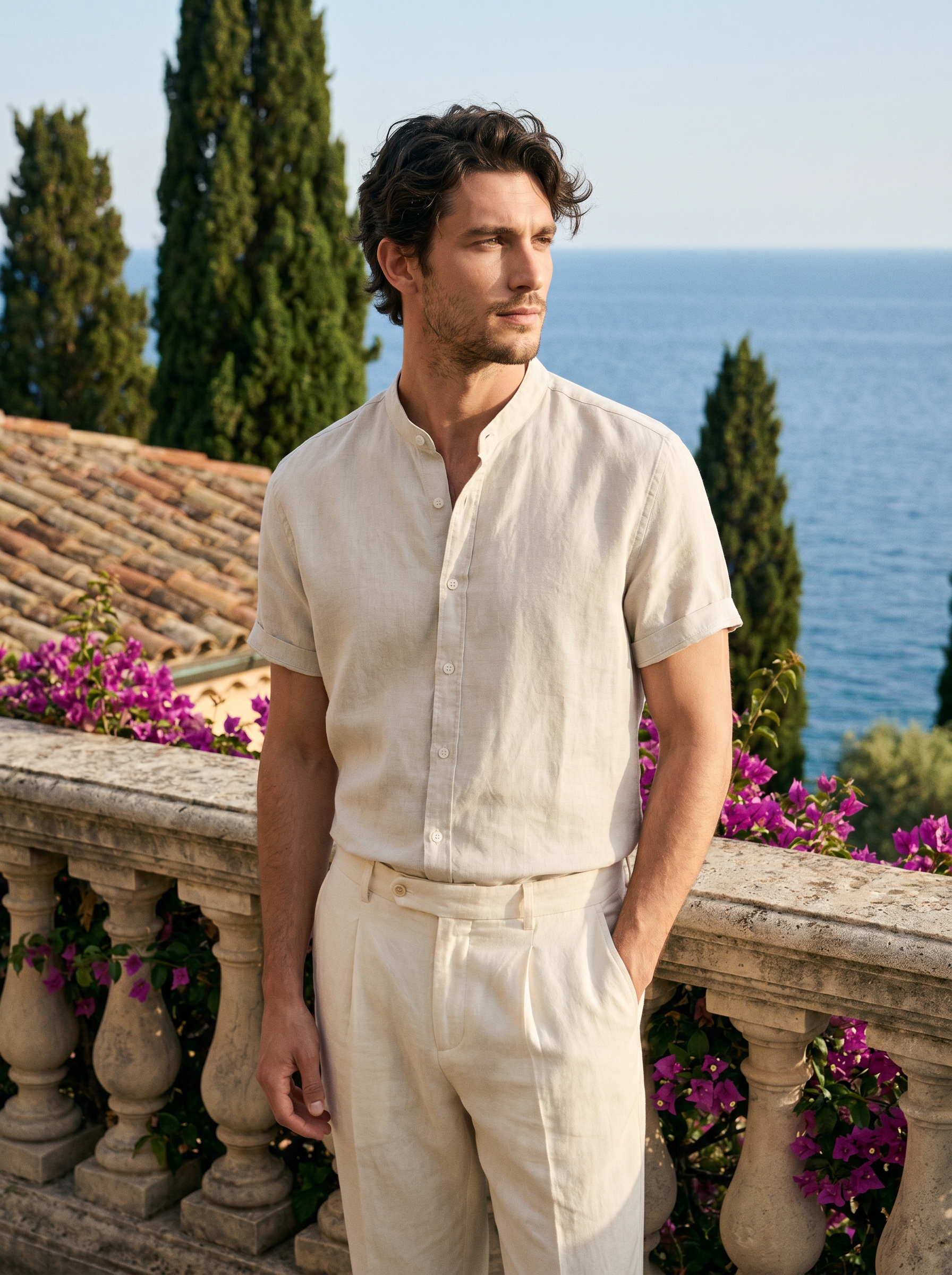Full-length shot of a man in an ivory band-collar linen shirt at Lake Como — Aveloire