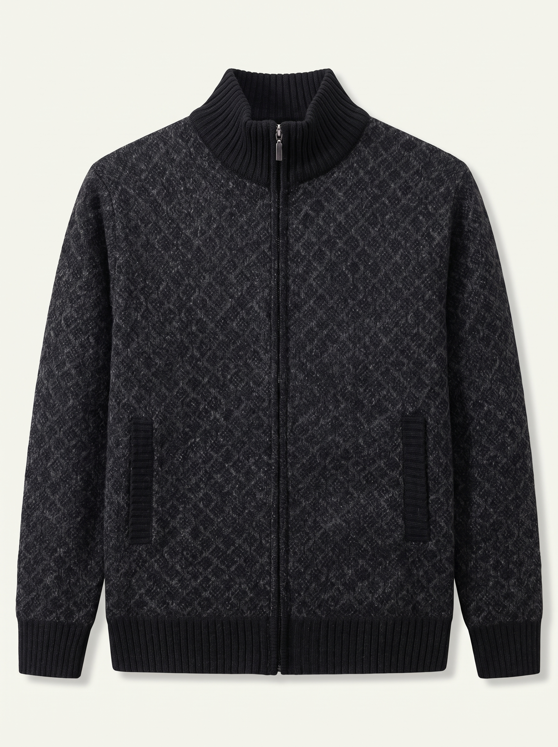 Black full-zip stand collar cardigan with diamond jacquard knit pattern, flat lay product photo — Maxime by Aveloire