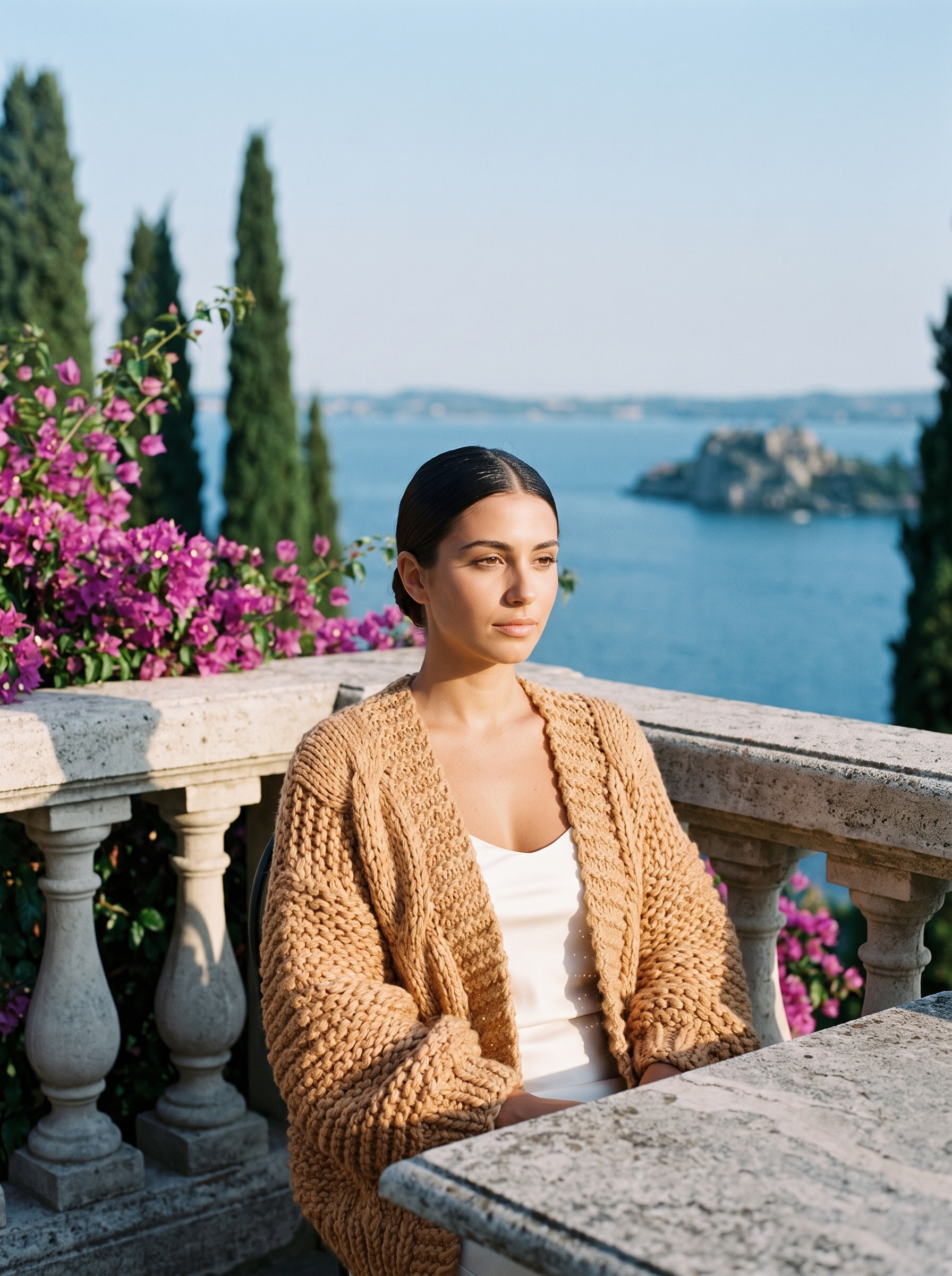 Woman wearing a camel chunky knit open-front cardigan on a Lake Como terrace, old money style — Aveloire