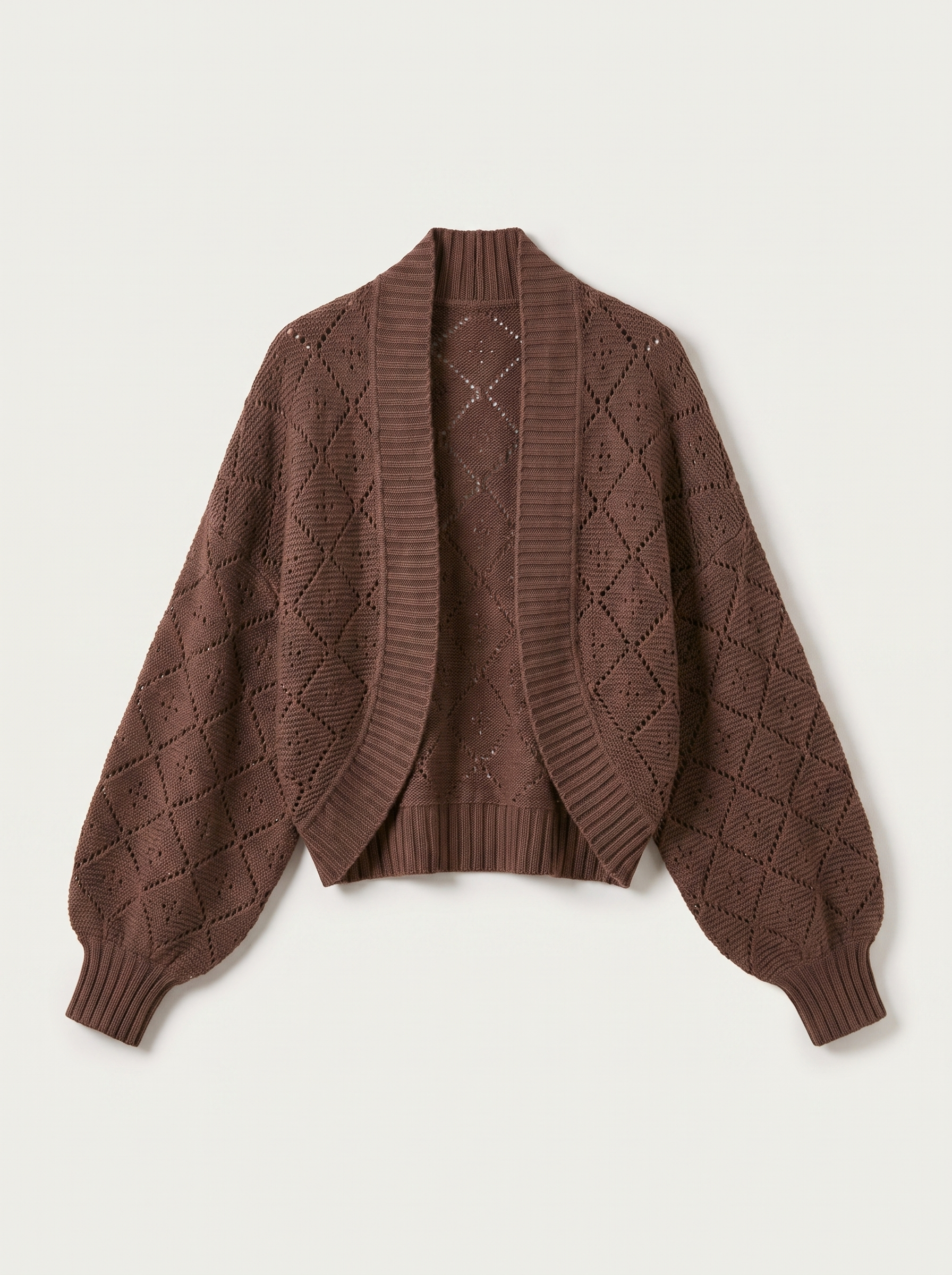 Cocoa brown cropped open-front knit shrug cardigan flat lay product photo — Aveloire