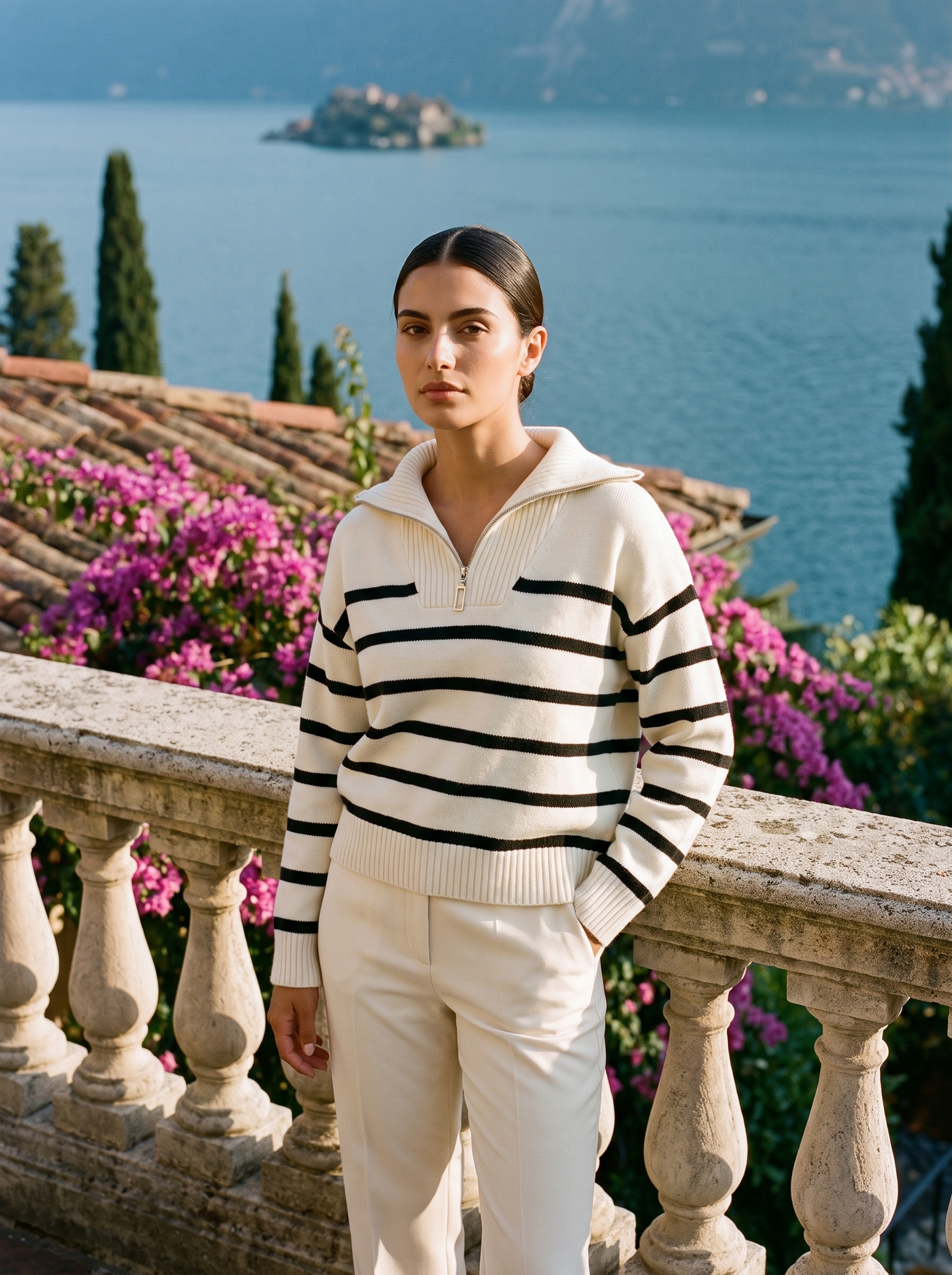 Full-length view of a cream and black striped quarter-zip polo sweater on a Lake Como terrace — Aveloire