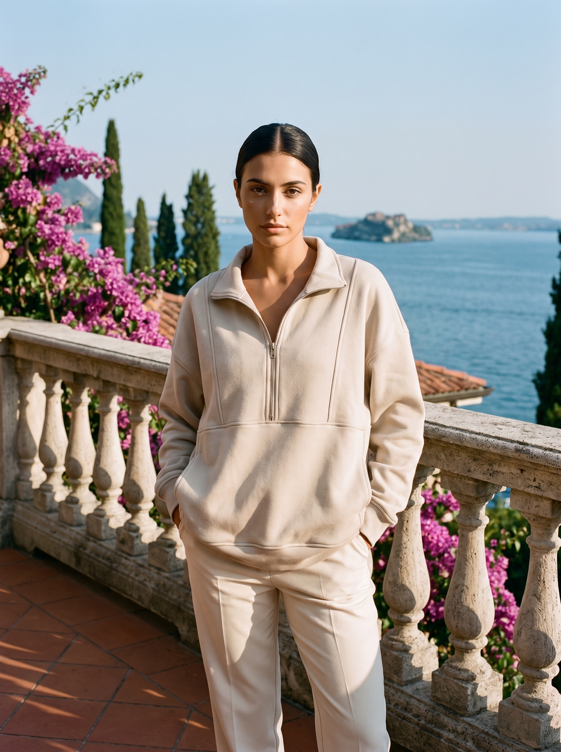 Full-length view of a beige oversized half-zip pocket sweatshirt on a Lake Como terrace — Aveloire