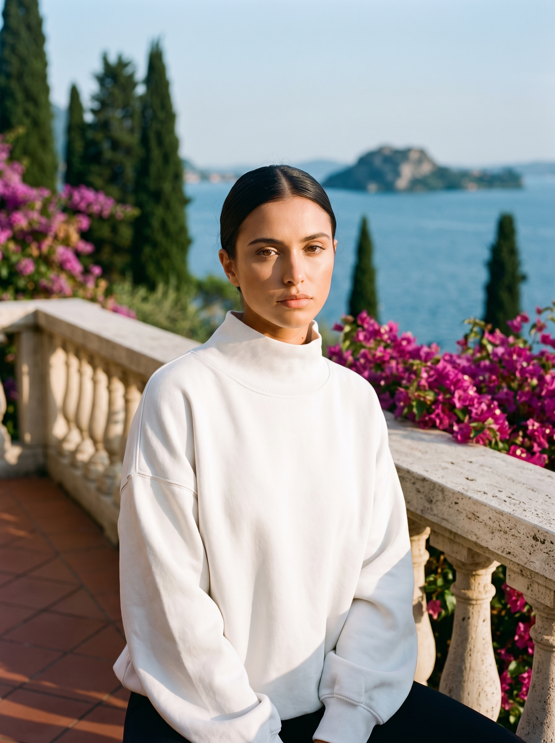 Woman wearing a white oversized turtleneck sweatshirt on a Lake Como terrace — Aveloire