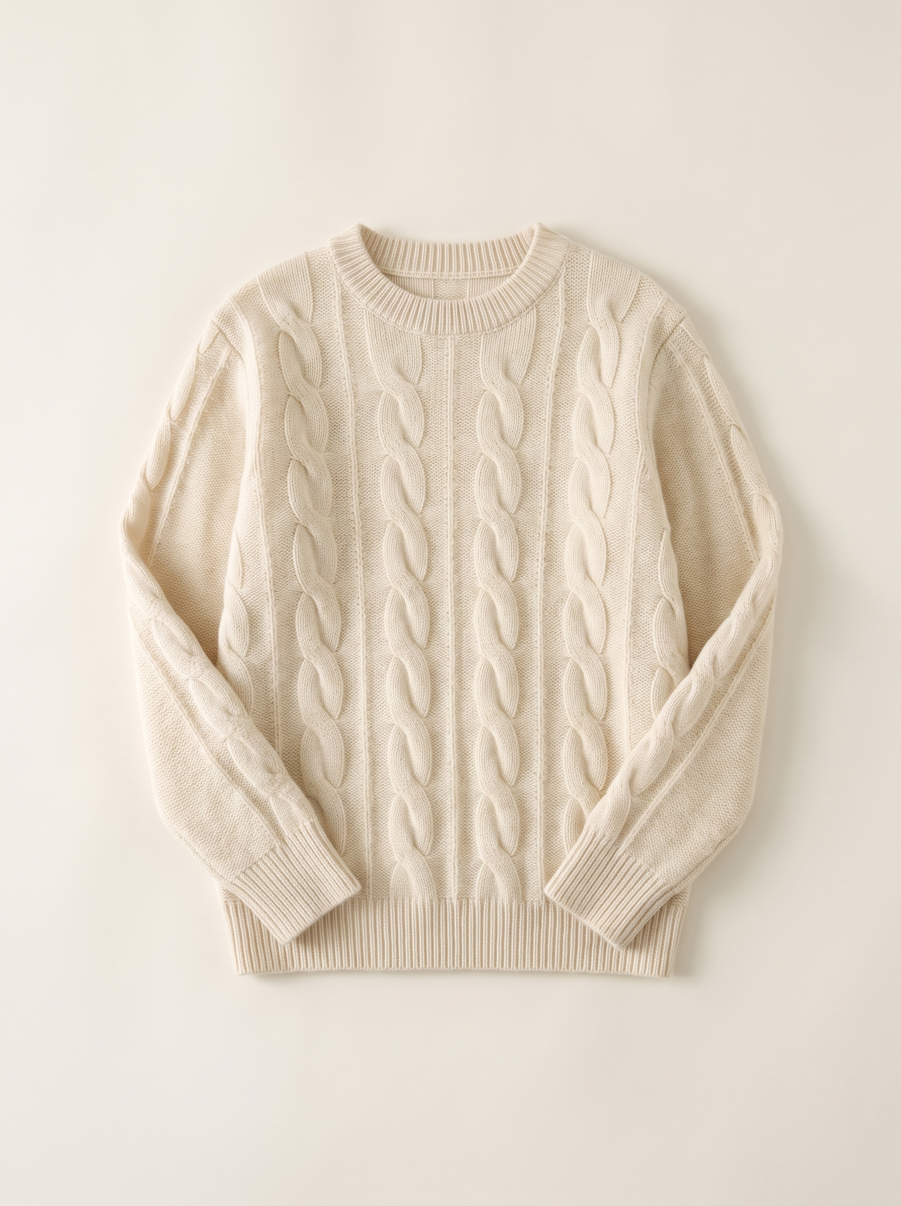 Cream cable-knit crew neck sweater flat lay product photo — Aveloire