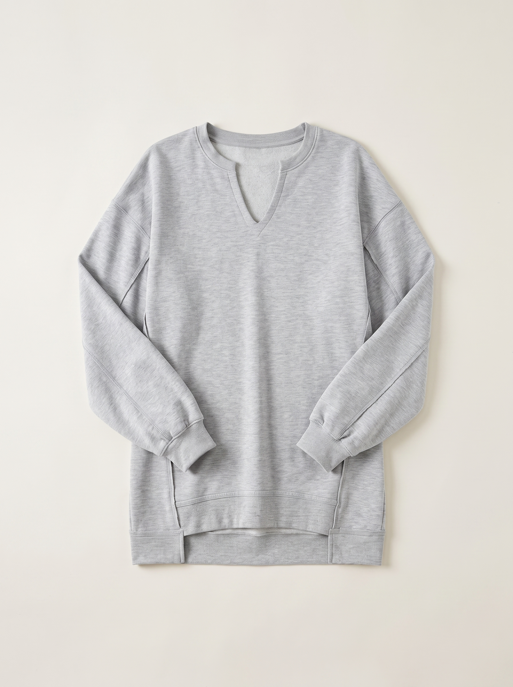 Light grey V-neck sweatshirt tunic flat lay — Aveloire