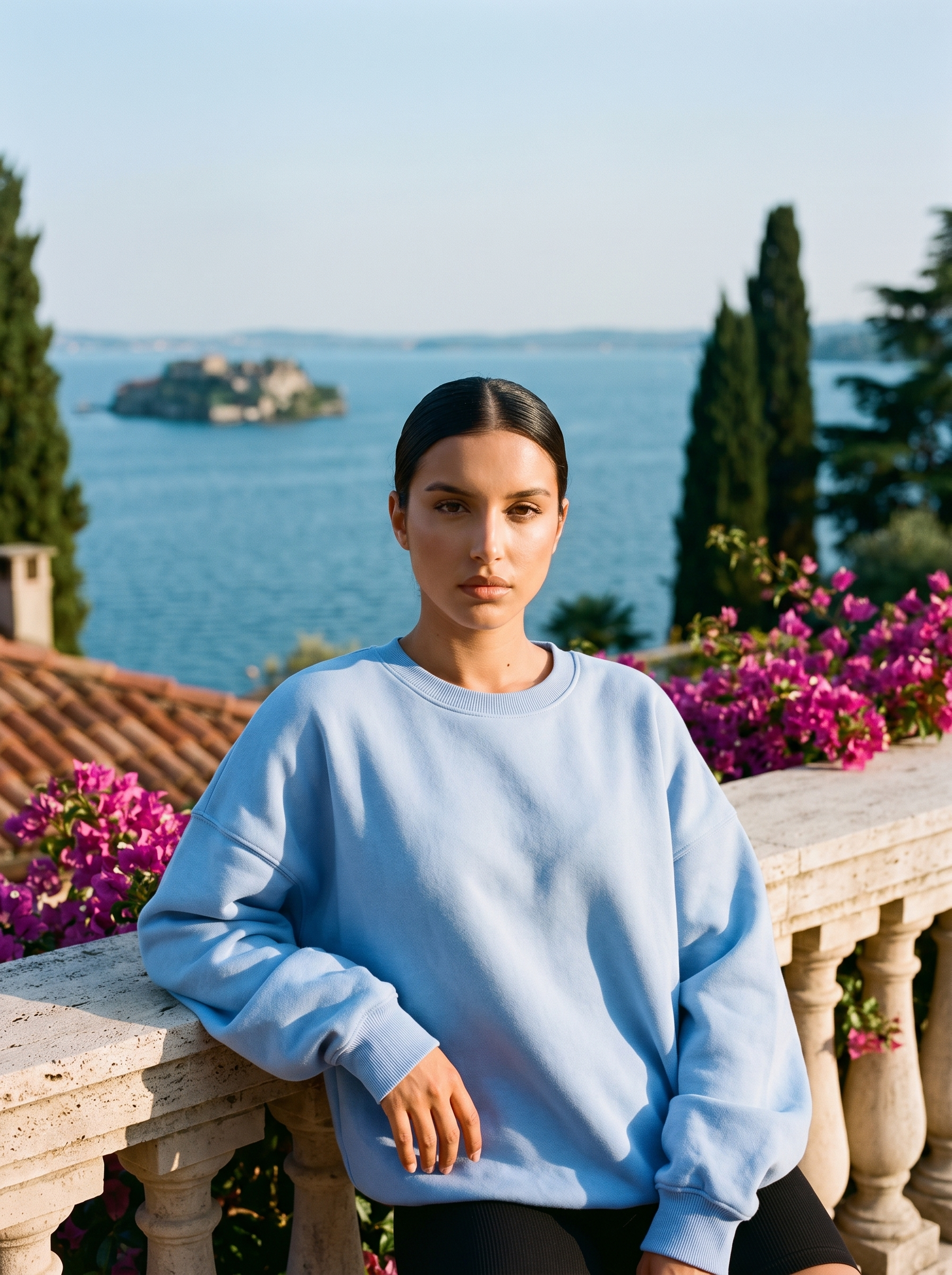 Woman wearing a light blue oversized crew neck sweatshirt on a Lake Como terrace, old money style — Aveloire
