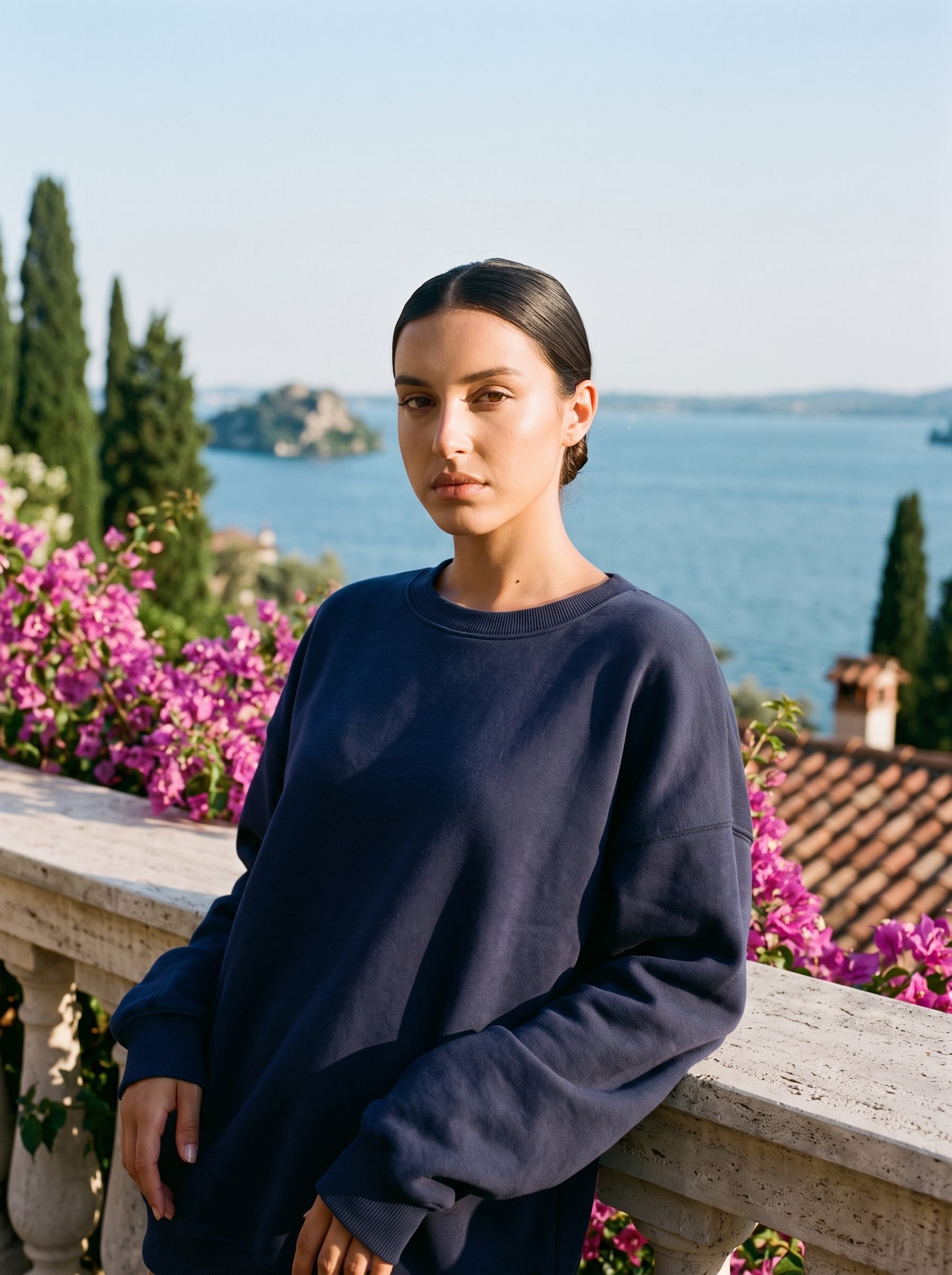 Woman wearing a navy oversized crew neck sweatshirt on a Lake Como terrace, old money style — Aveloire