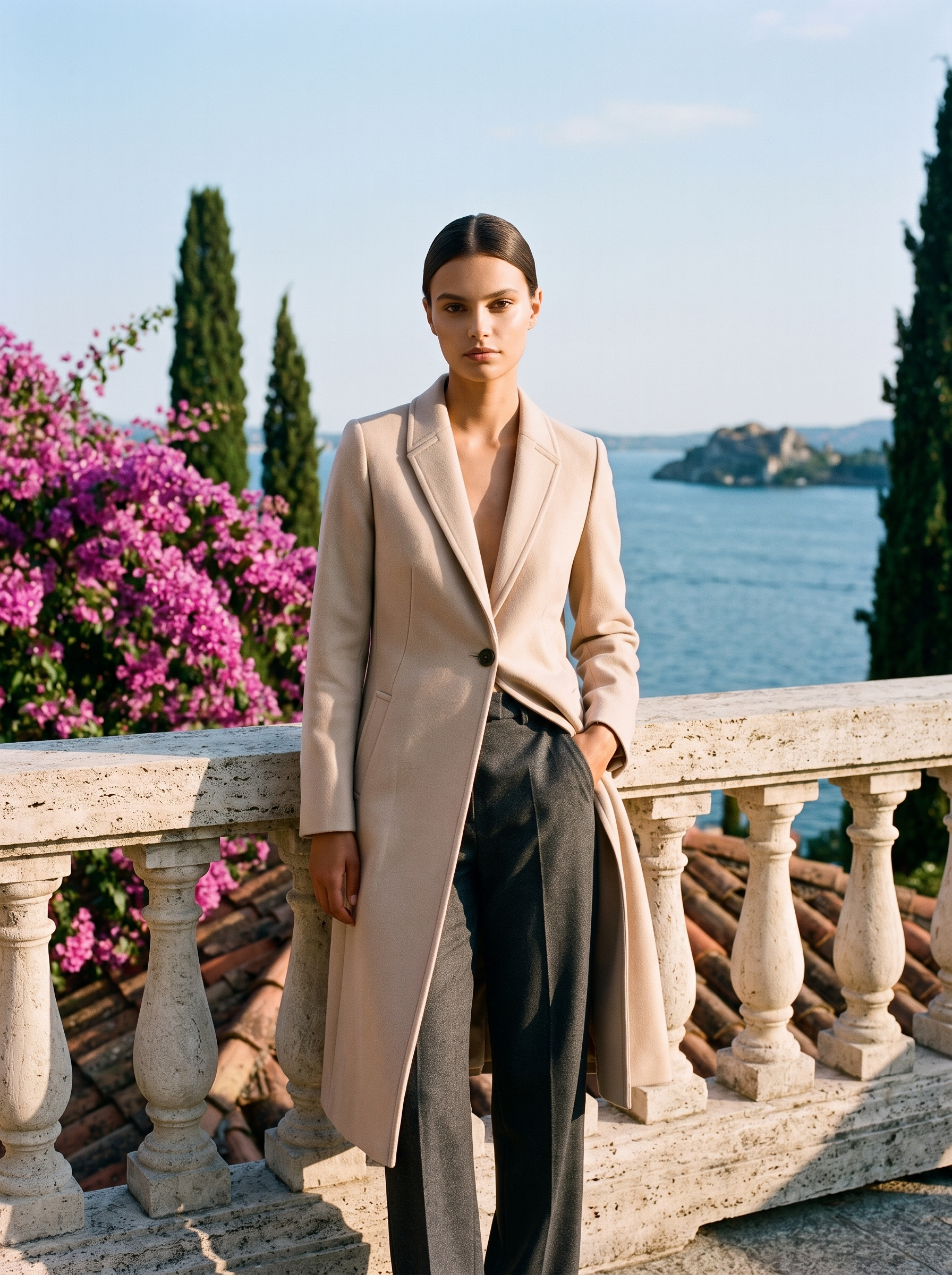 Woman wearing a cream single-button longline wool coat full length on a Lake Como terrace, old money style — Aveloire