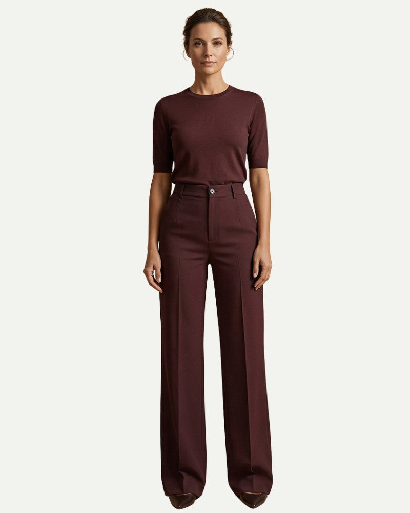 Women's Wide Leg Dress Trousers in Chestnut Brown – High Waist, Elegant Silhouette | Aveloire