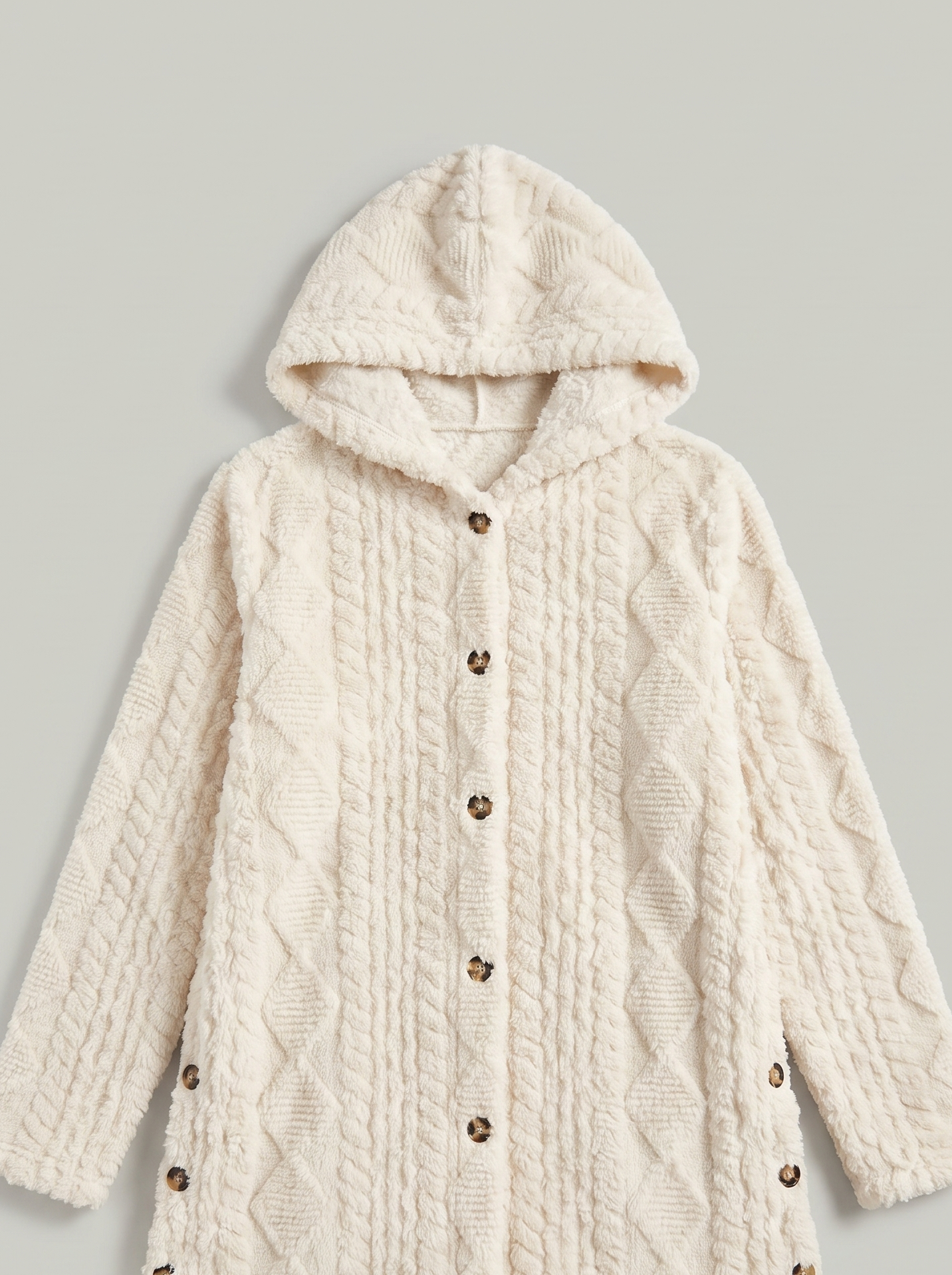 Ivory plush hooded longline cardigan flat lay product photo — Adriana by Aveloire