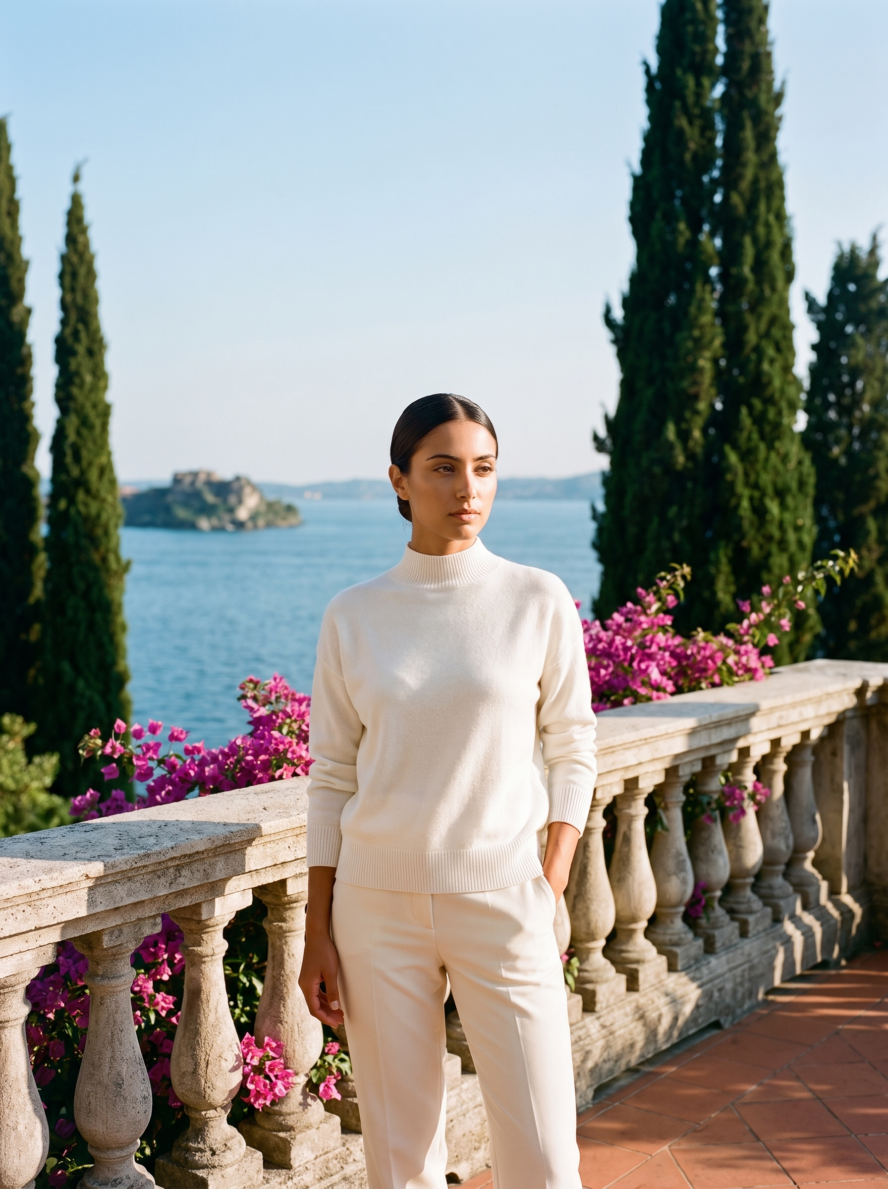 Woman in an ivory mock-neck jumper, full-length front view on a Lake Como terrace — Aveloire