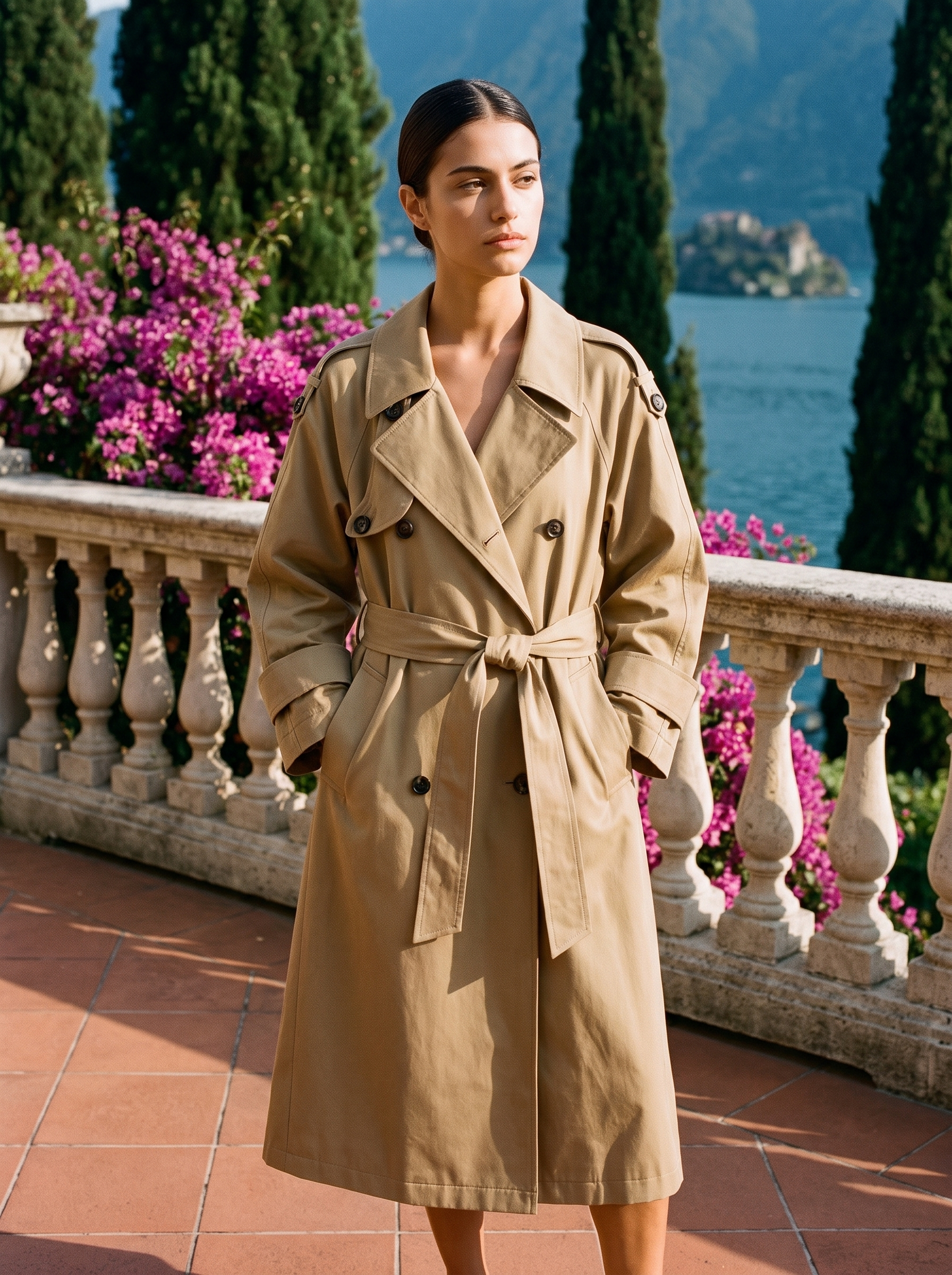Khaki oversized double-breasted belted trench coat full length front view
