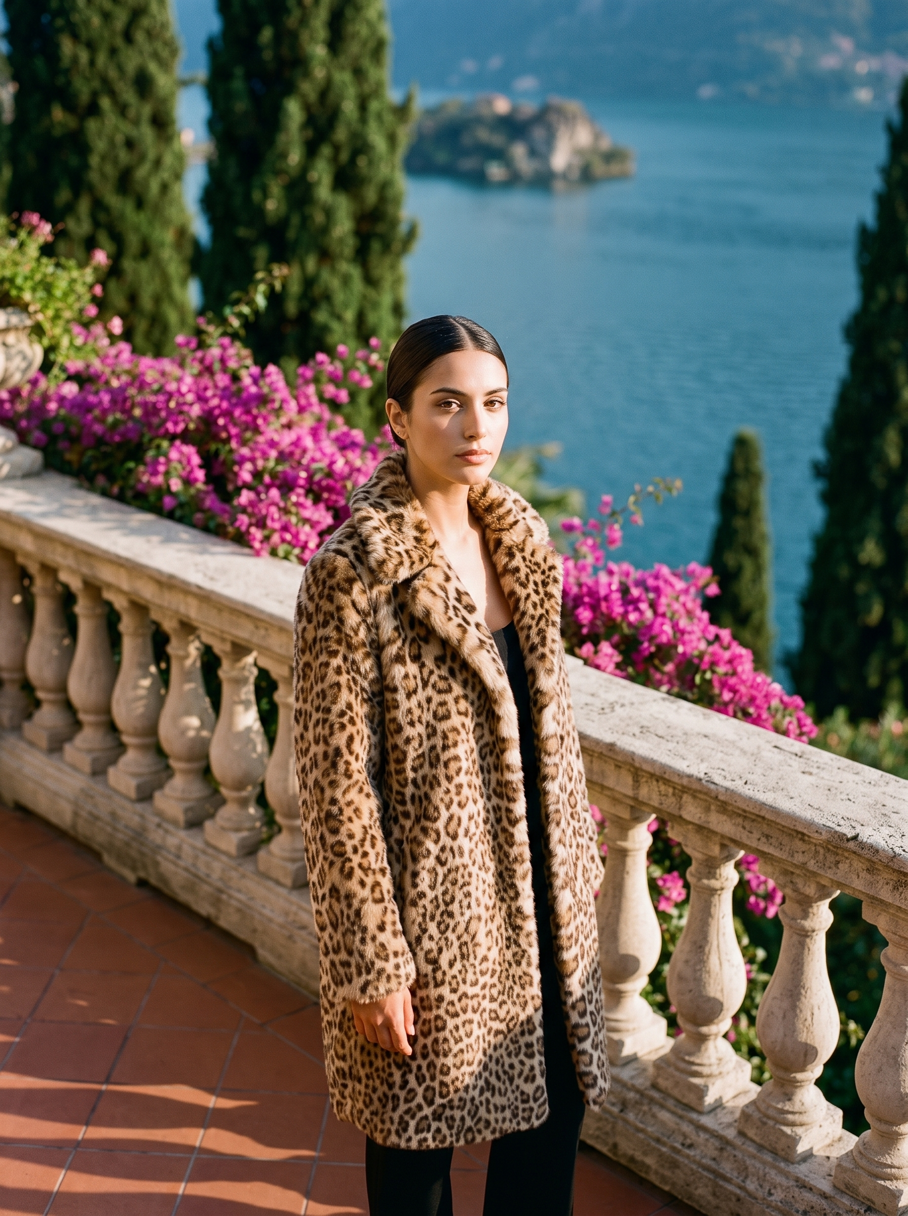 Classic leopard print faux fur coat full length front view