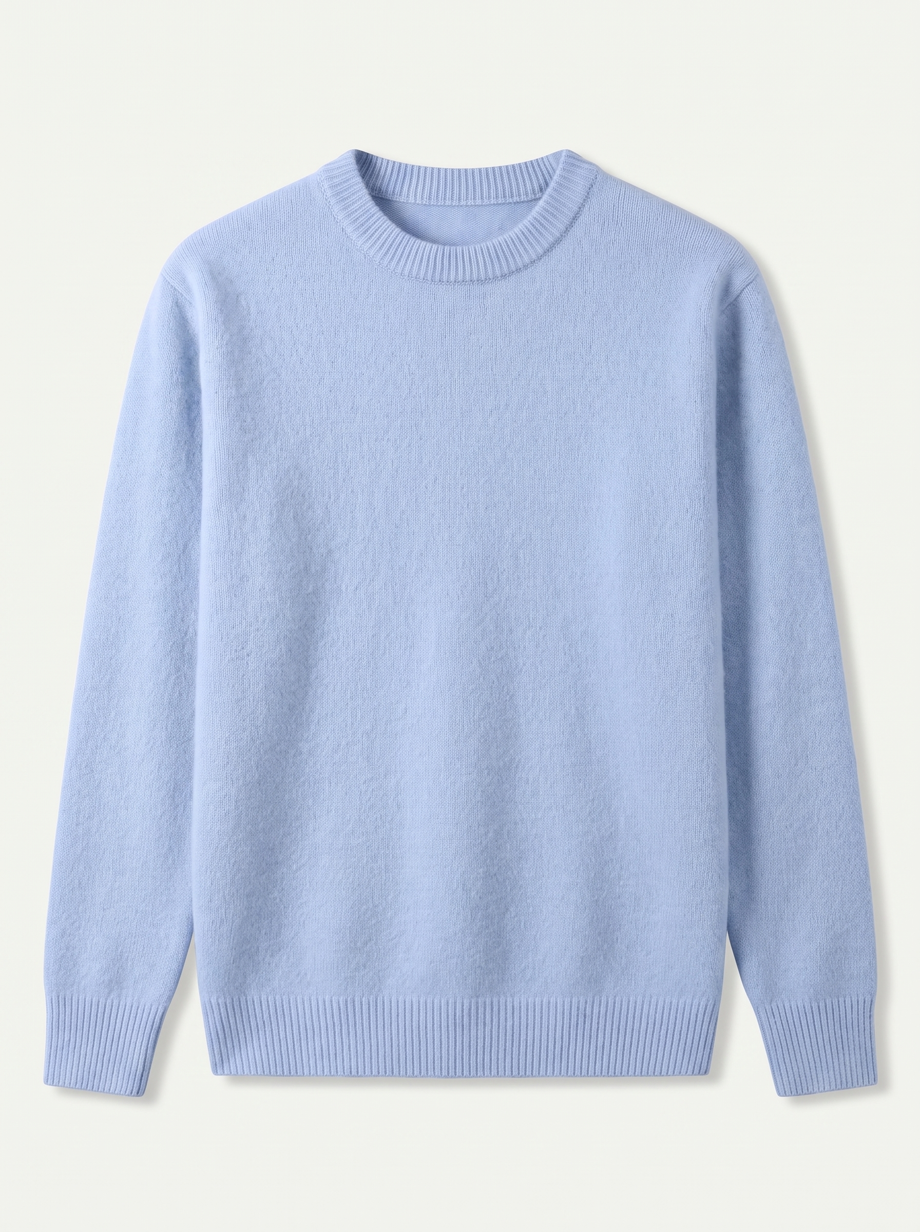 Light blue classic crewneck sweater, flat lay product photo — Cyprien by Aveloire