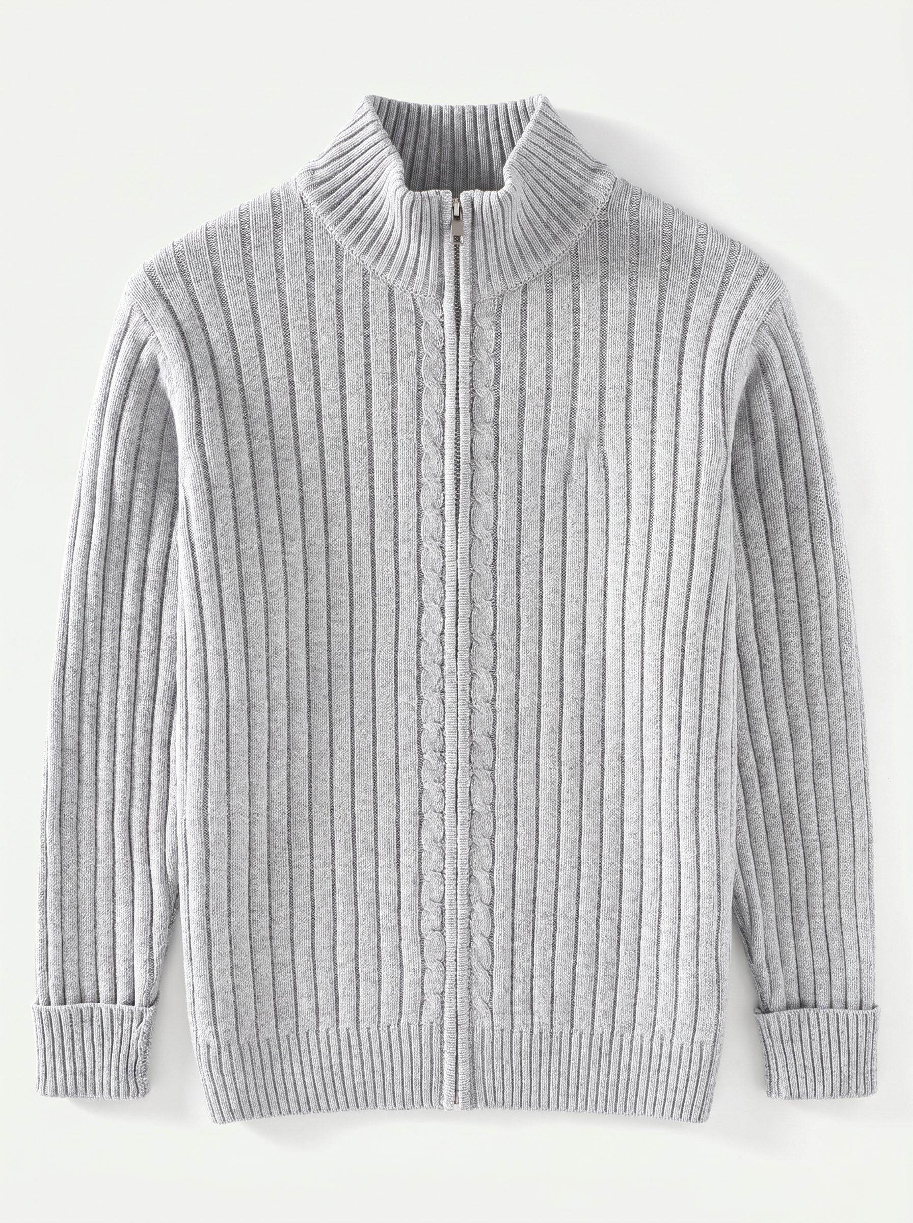 Light gray ribbed cotton full-zip cardigan with stand collar, flat lay product photo — Édouard by Aveloire