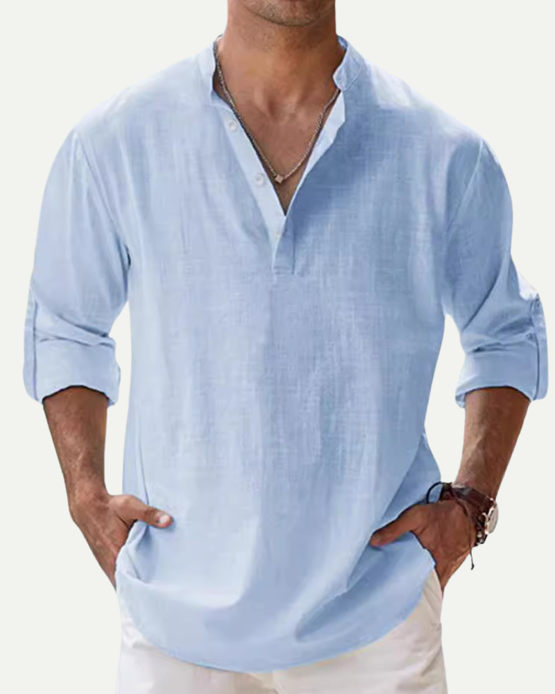 Men’s light blue linen pullover shirt relaxed fit worn on model