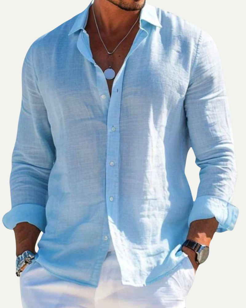 Light blue men long sleeve button up shirt relaxed fit cotton blend summer shirt