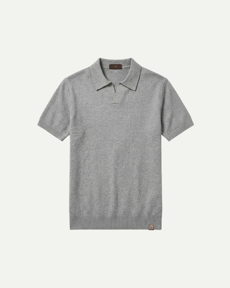 Men’s light gray knit polo shirt short sleeve relaxed fit front view