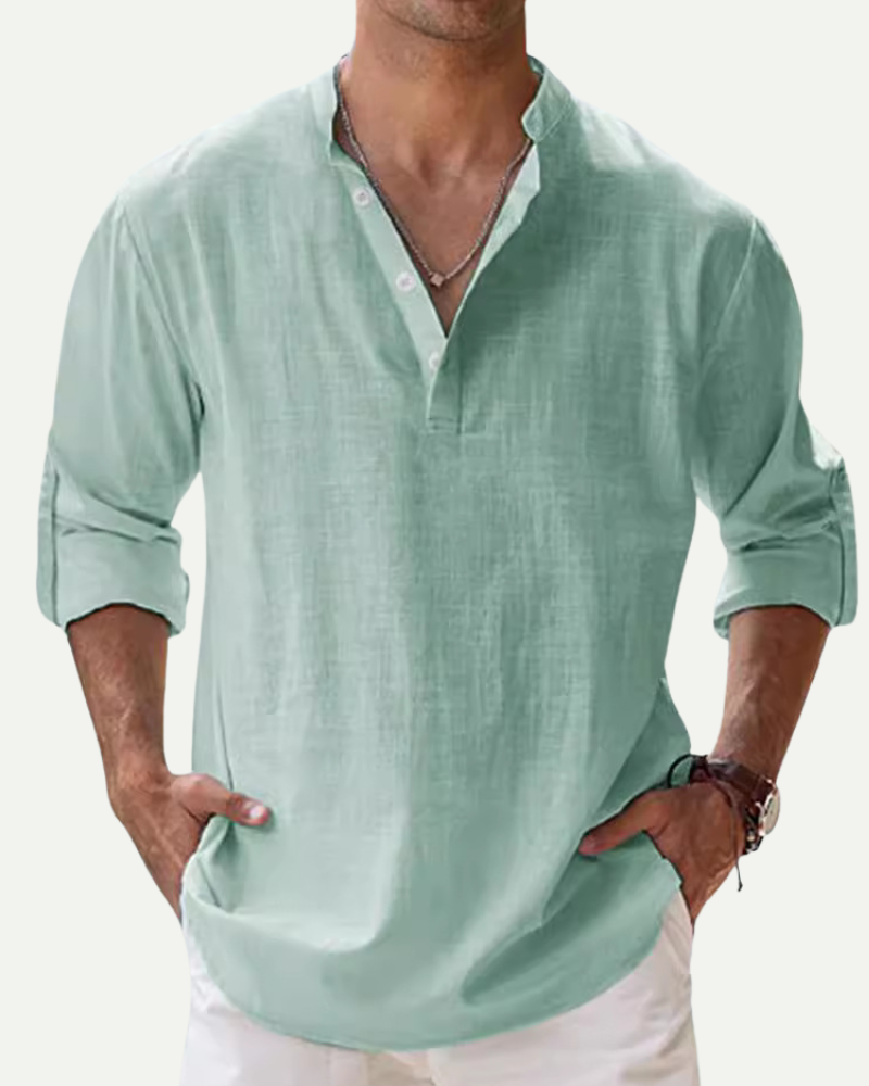 Men’s mint green linen pullover shirt relaxed fit worn on model