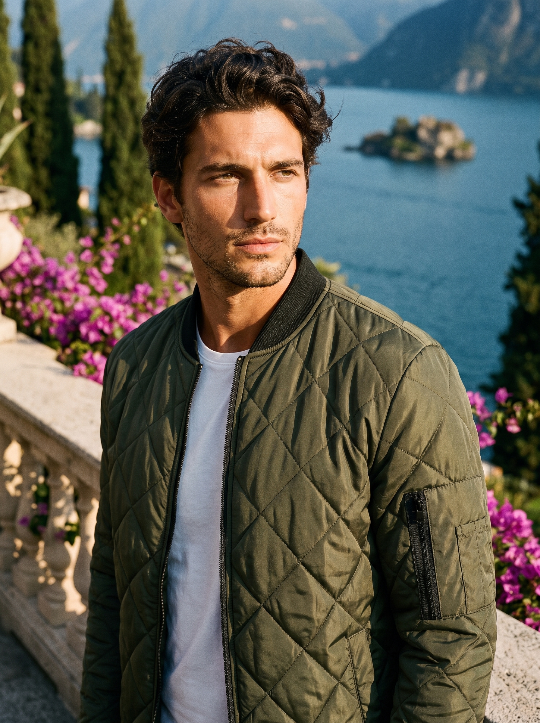 Man wearing an army green quilted bomber jacket on a terrace overlooking Lake Como, old money style — Aveloire