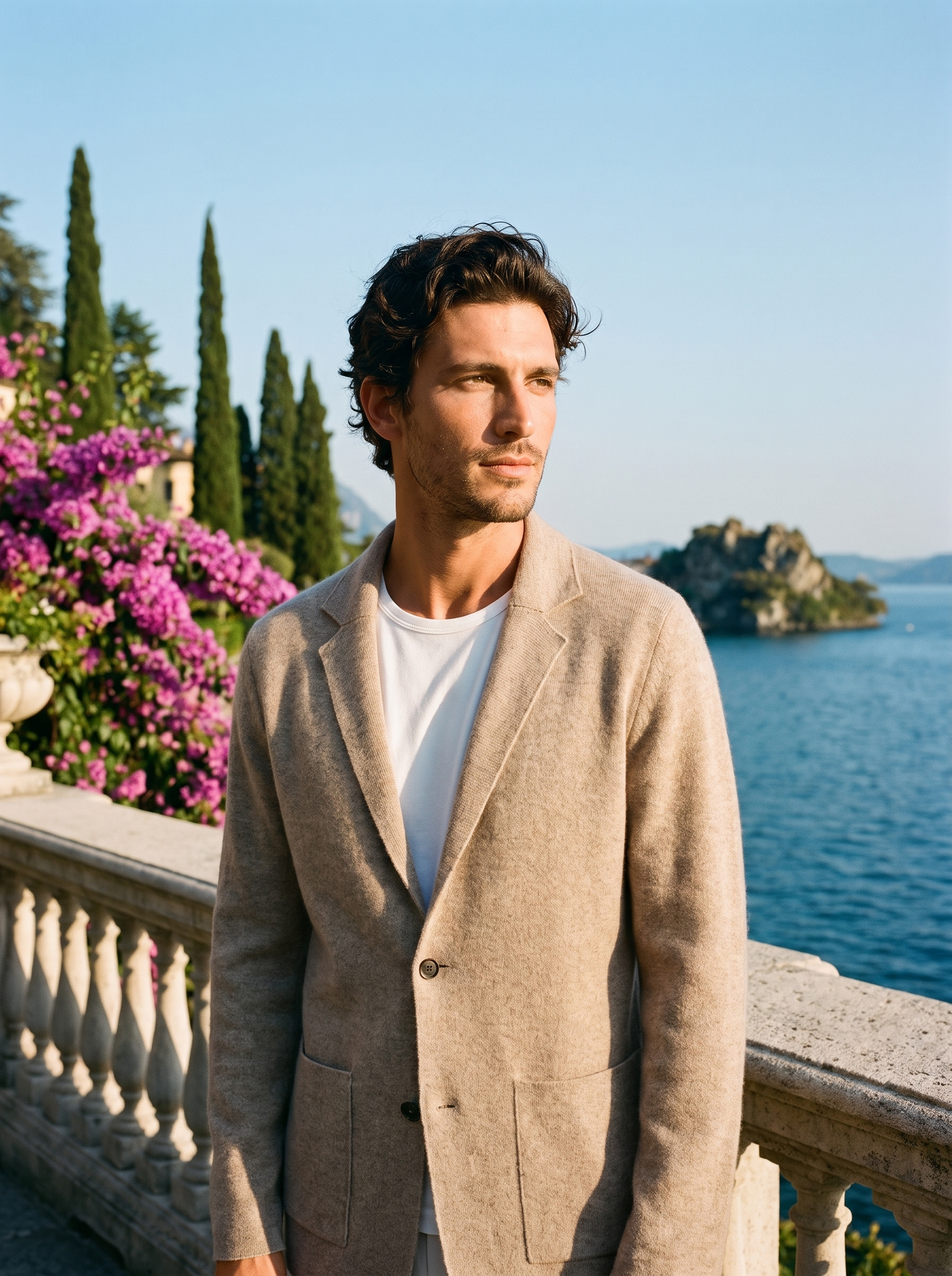 Man wearing a beige wool blazer cardigan with notch lapels on a terrace overlooking Lake Como, old money style — Aveloire