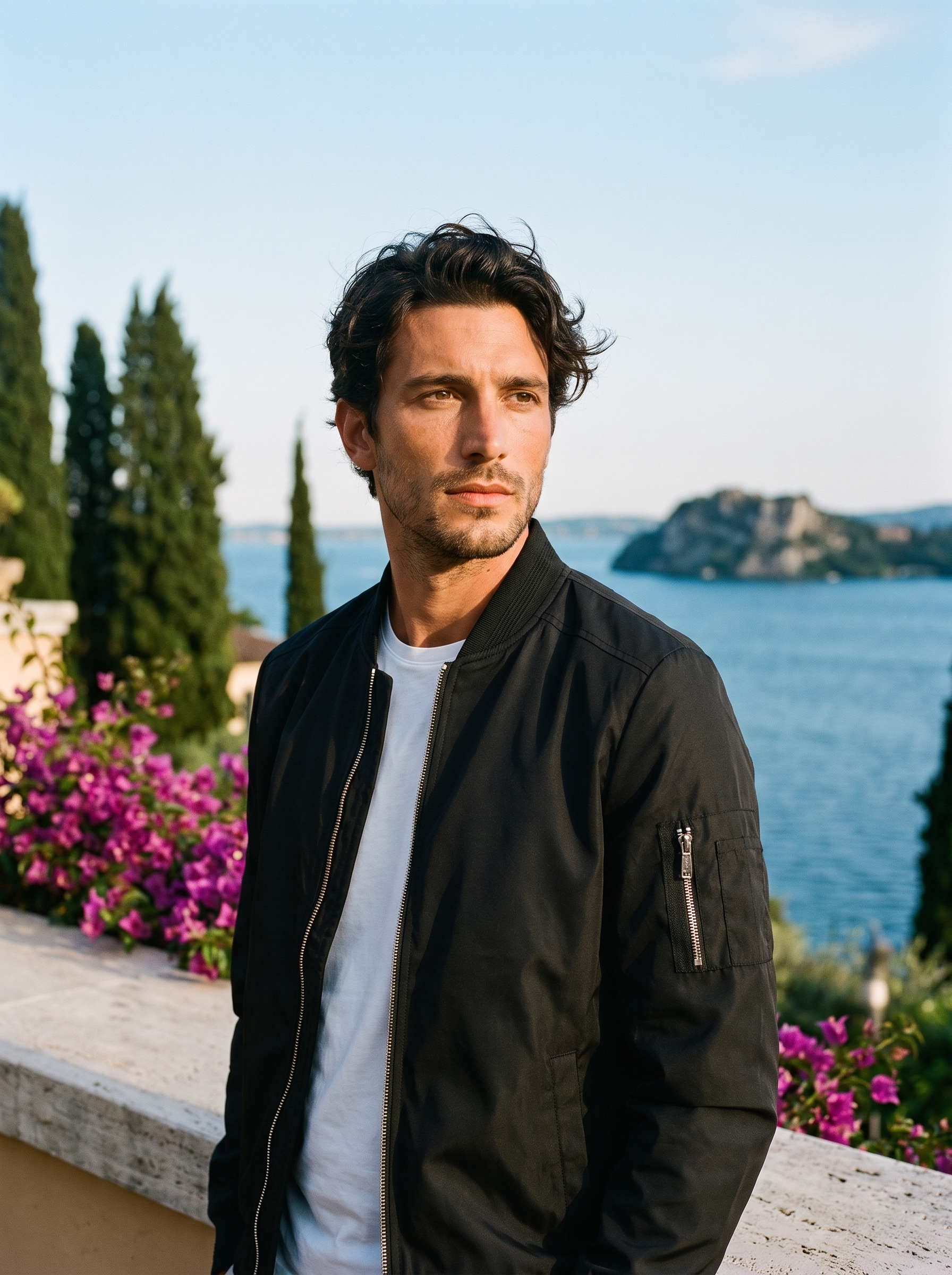 Man wearing a black bomber jacket on a terrace overlooking Lake Como, old money style — Aveloire