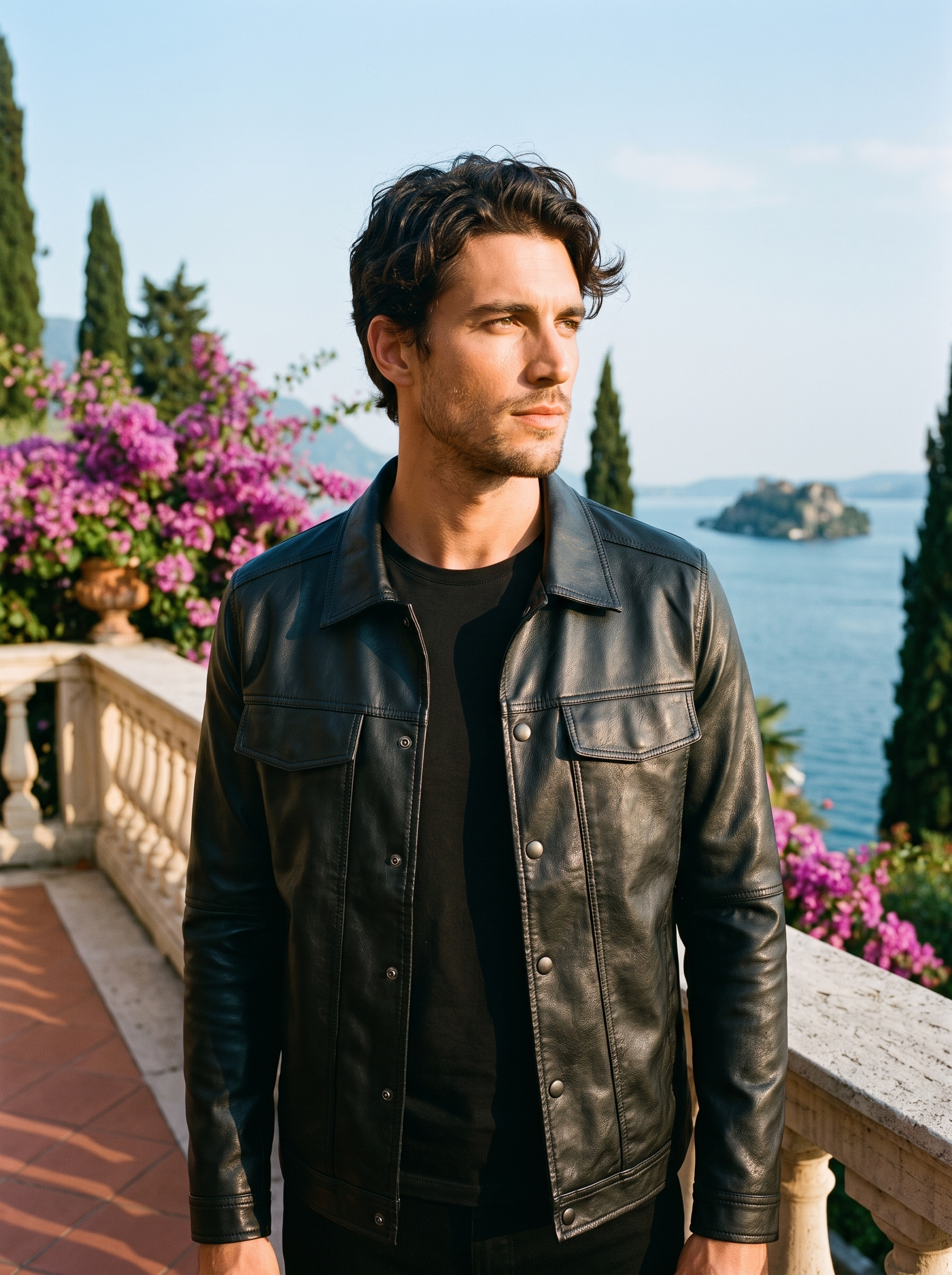 Man wearing black leather trucker jacket on a Lake Como terrace — Aveloire