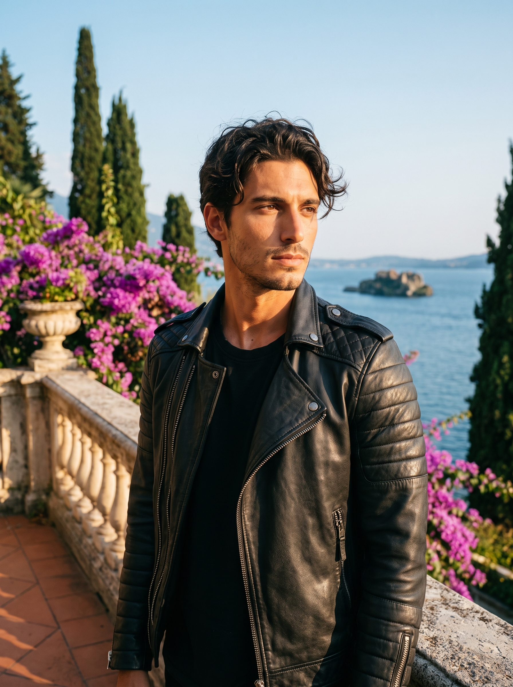 Man wearing black slim fit biker jacket on a Lake Como terrace — Aveloire
