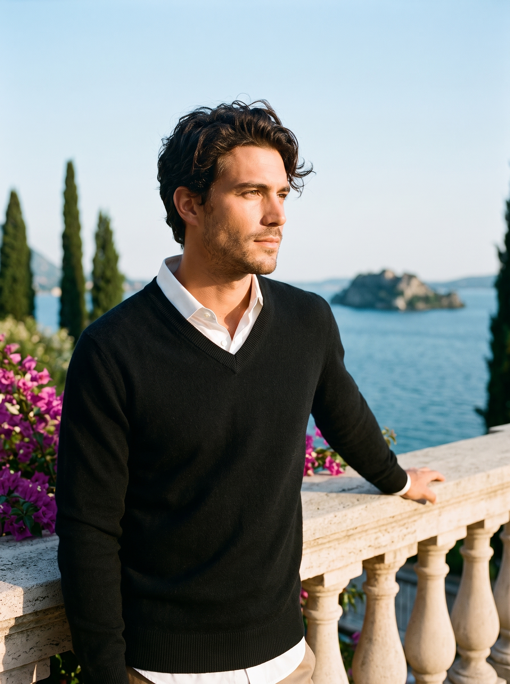 Man wearing a black wool V-neck sweater over a white shirt on a terrace overlooking Lake Como — Aveloire