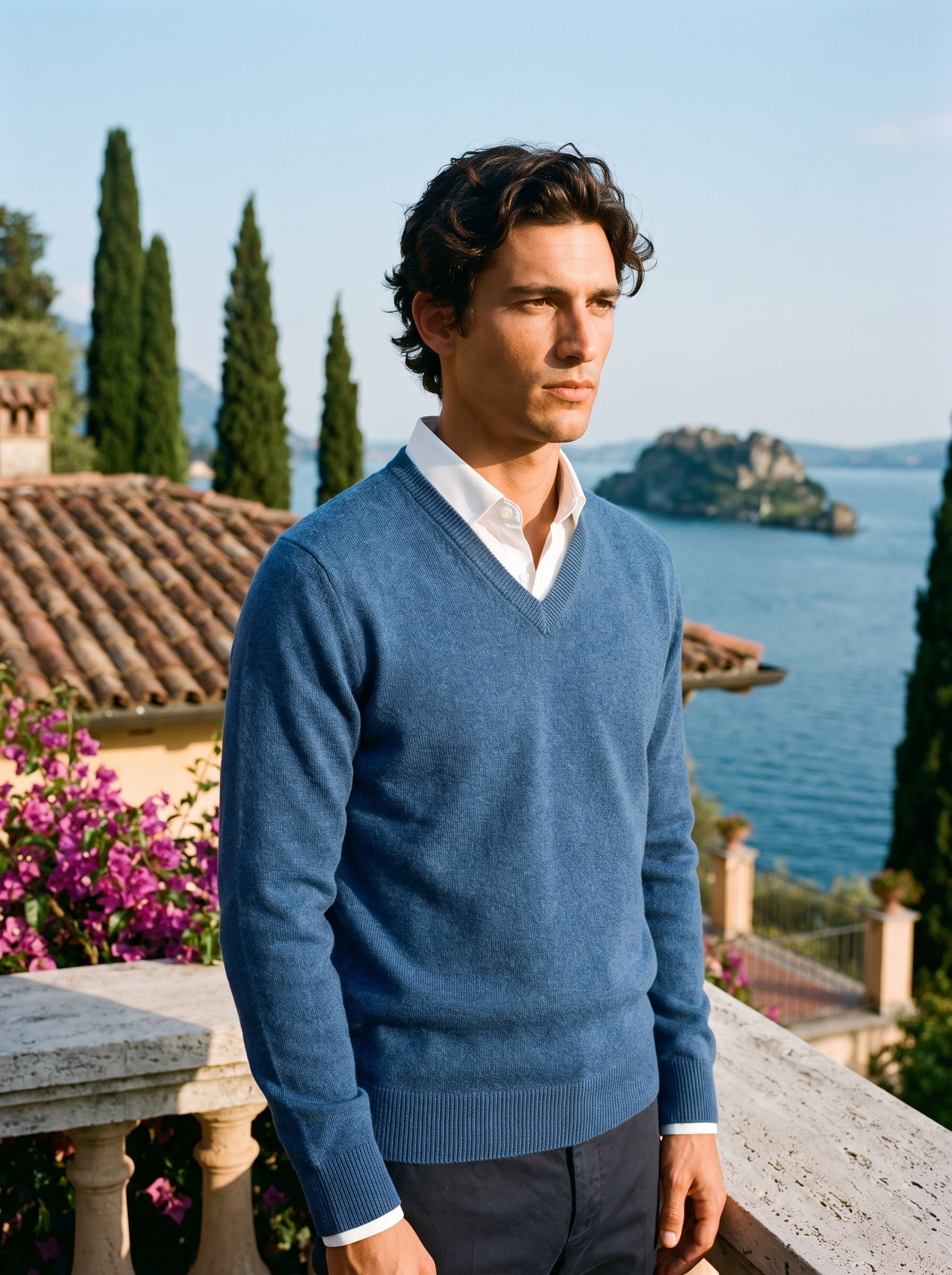 Man wearing a blue wool V-neck sweater over a white shirt on a terrace overlooking Lake Como — Aveloire