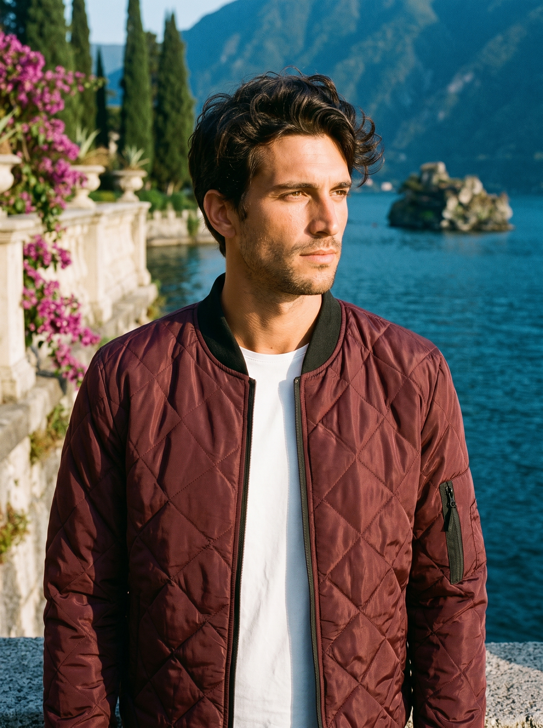 Man wearing a burgundy quilted bomber jacket on a terrace overlooking Lake Como, old money style — Aveloire