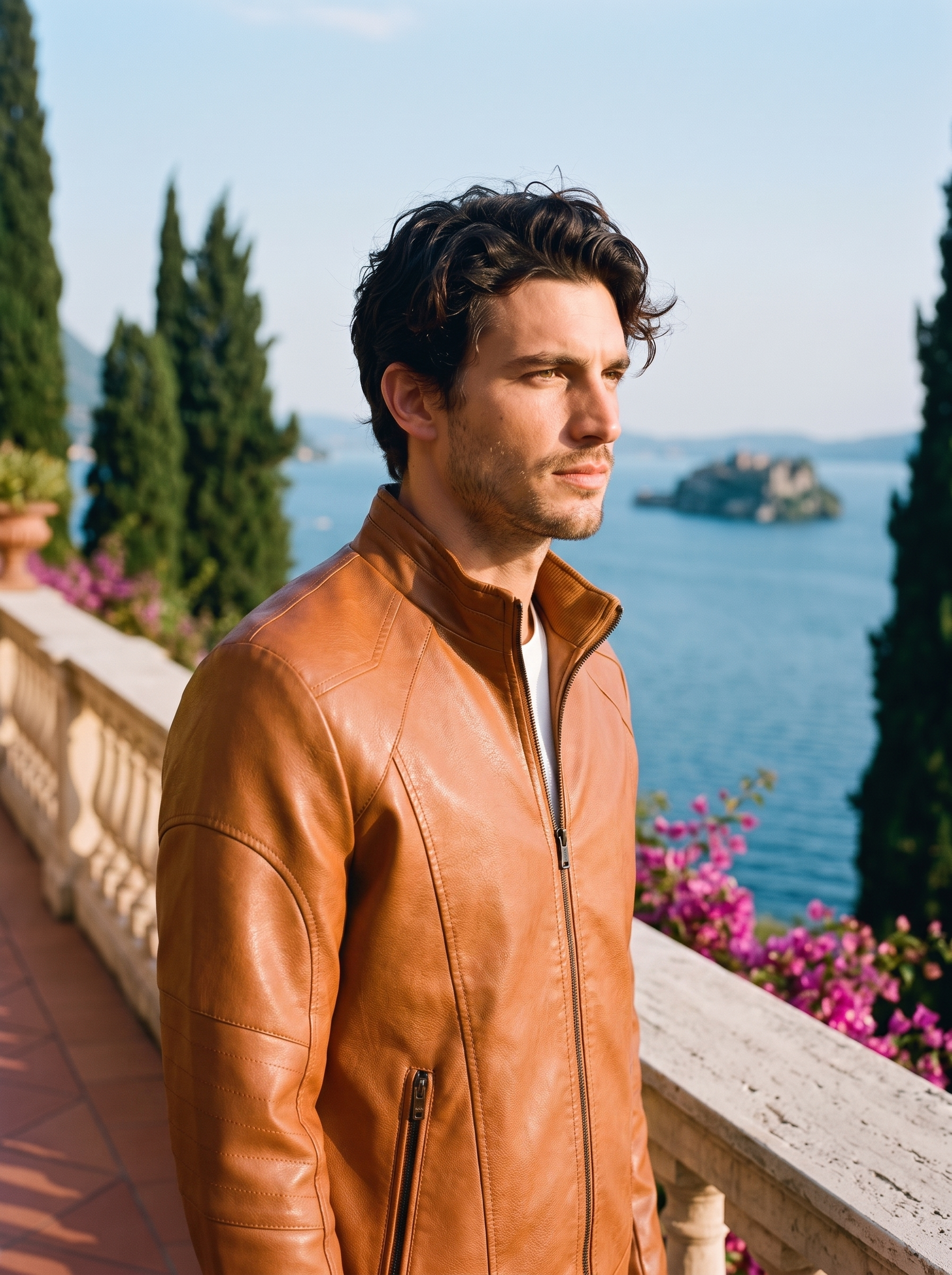 Man wearing cognac brown faux-leather full-zip jacket on a Lake Como terrace
