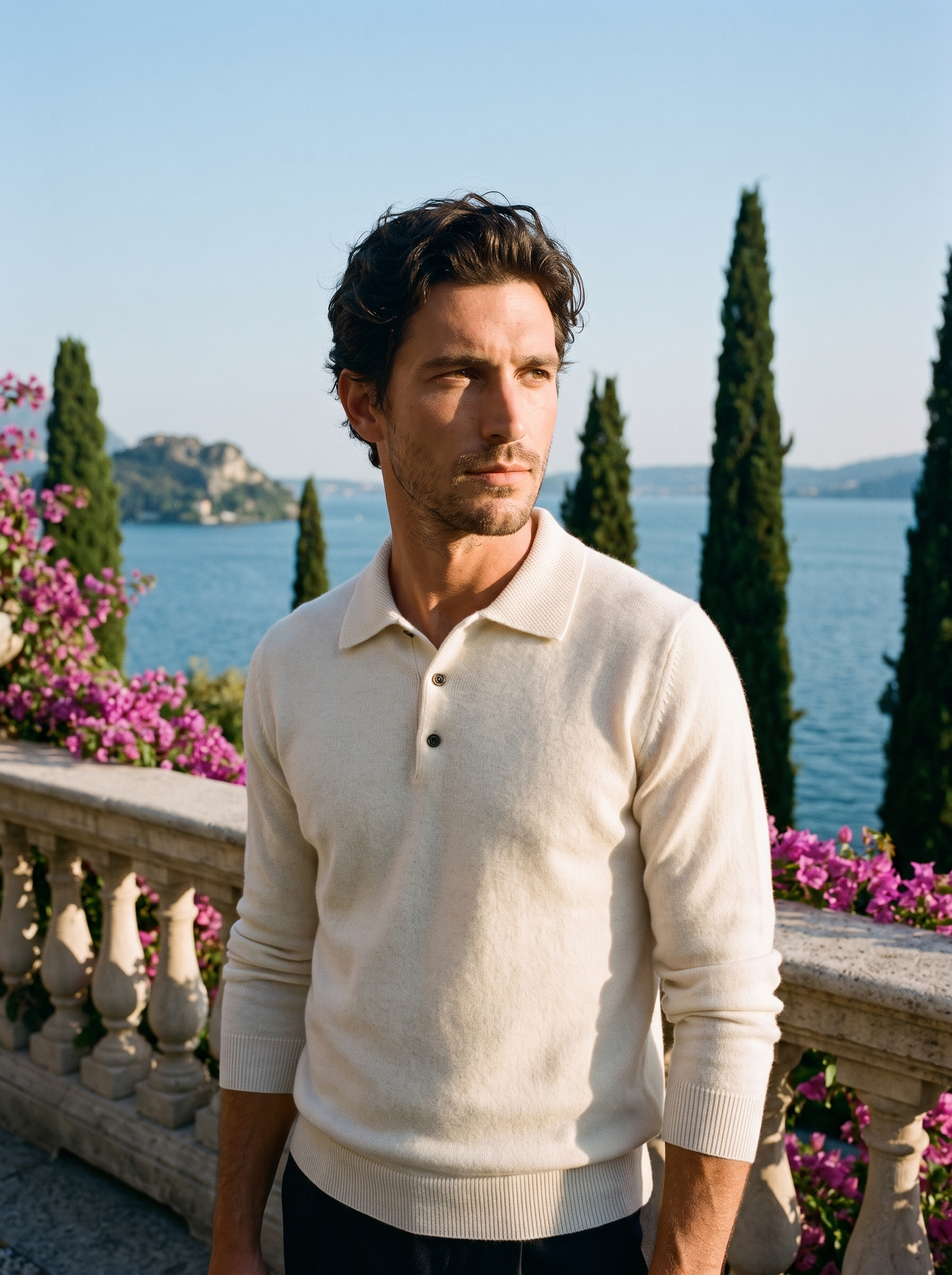 Man wearing a cream wool knit polo sweater on a terrace overlooking Lake Como, old money style — Aveloire